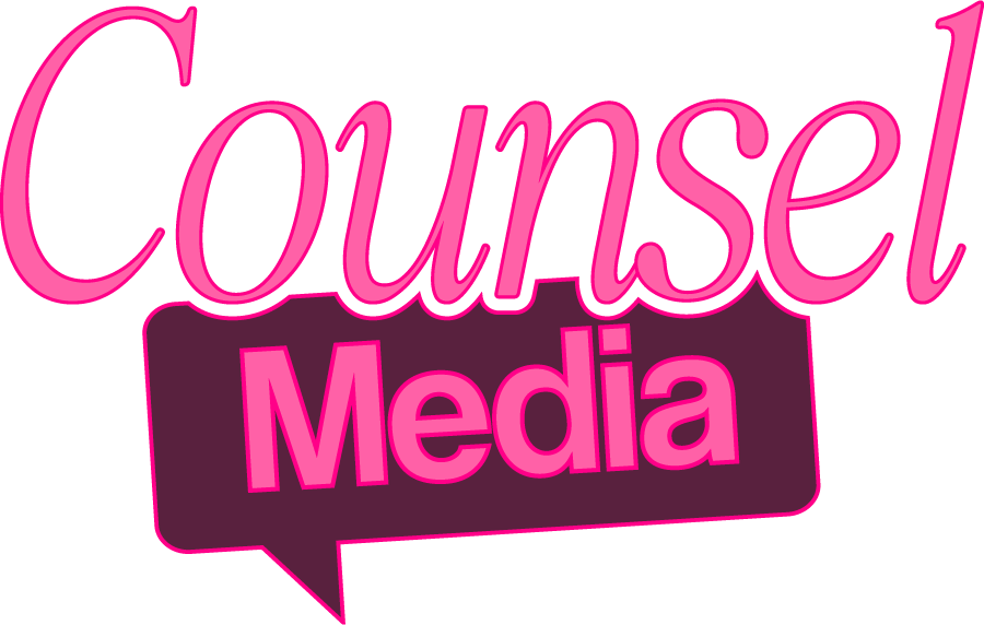 Pink and purple text says 'Counsel Media' with speech bubble design.