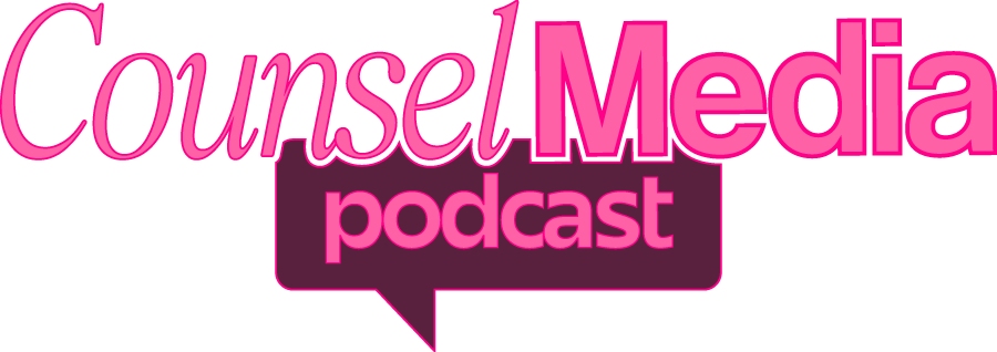 Logo for 'Counsel Media Podcast' with the words in pink and purple, featuring a speech bubble and bold text.