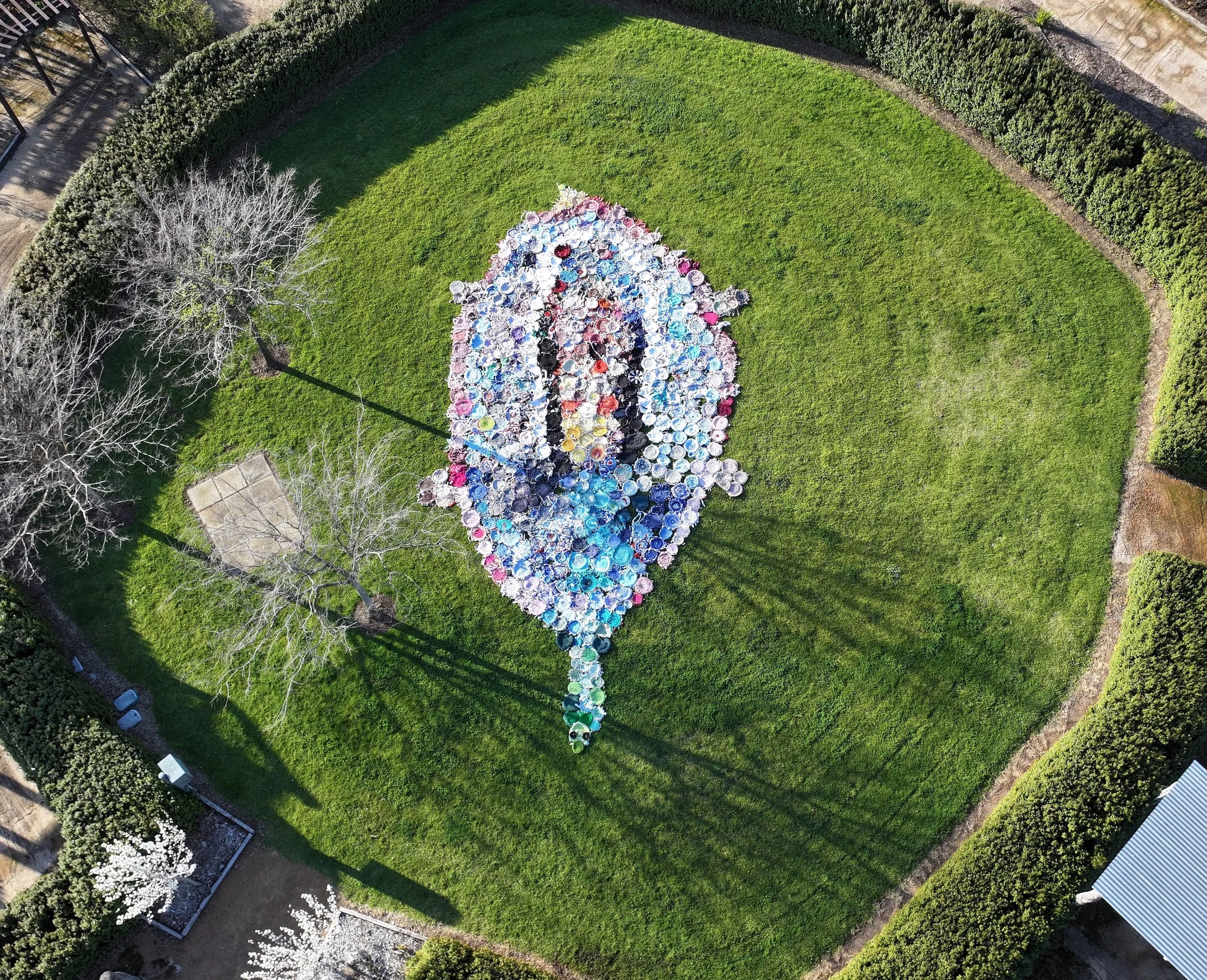 Yakkan. Artist Jessica Romic. Collaboration with Noongar Community of Kojonup, WA, through Badgebup Aboriginal Corporation. Photo: Jane Hammond.

Site: Rose Maze at Kojonup Visitor's Centre: chosen by elders as a symbol of unity and harmony, and wher