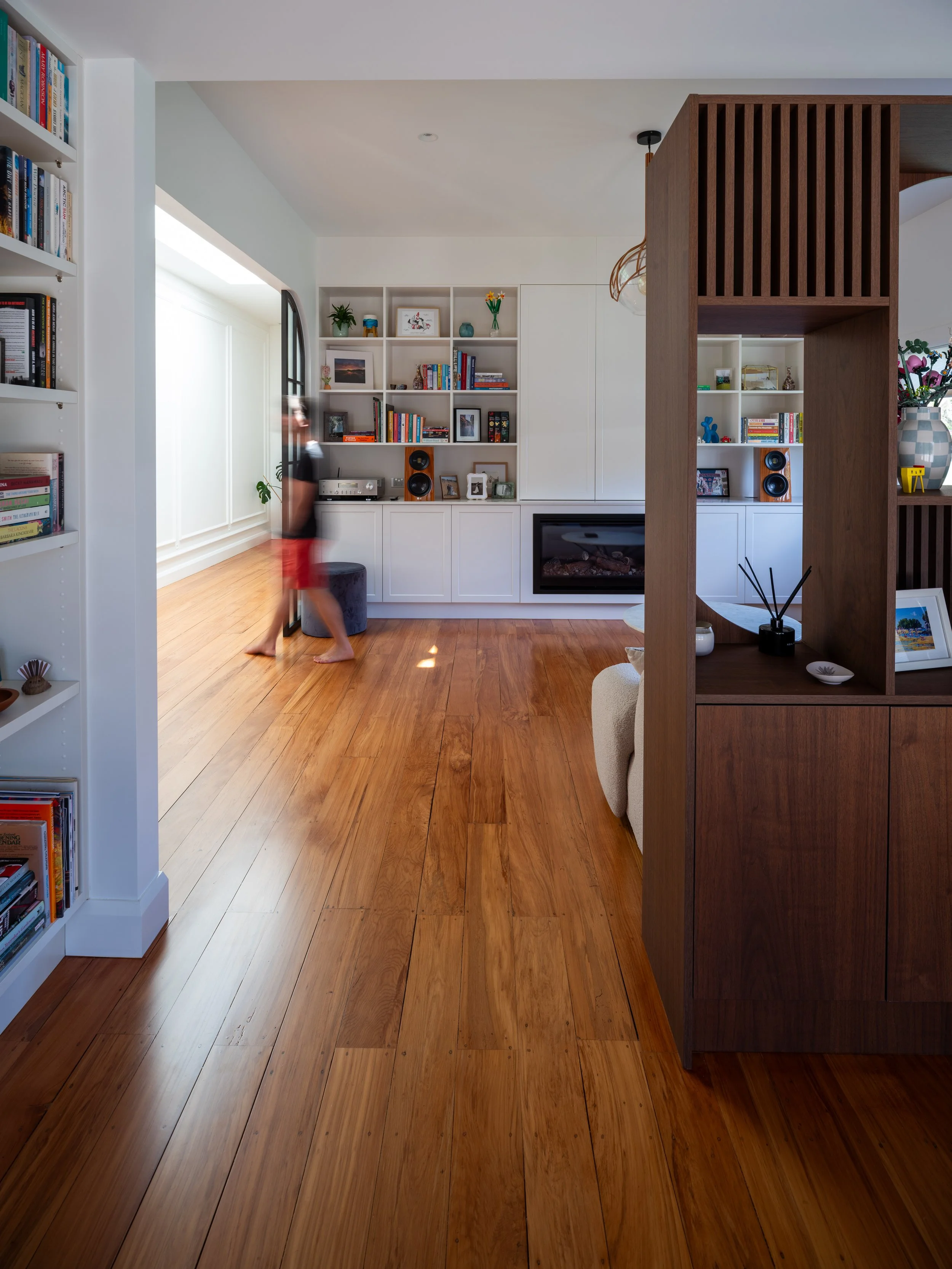 Custom Joinery Storage Shelves in the living area of Rongopai Renovation, Palmerston North home