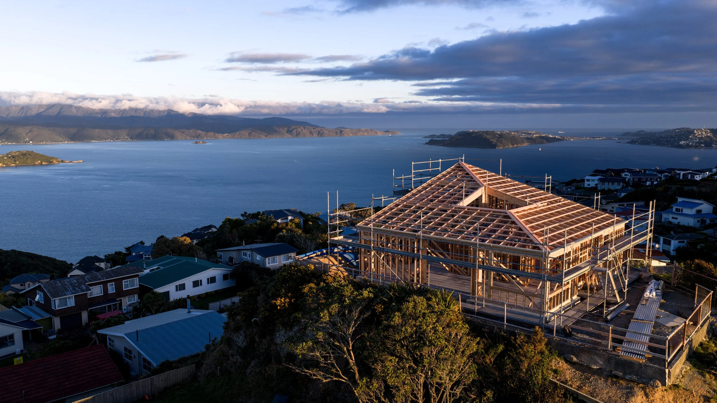 Luwte by First Light Studio, timber framing under construction with Flip BUILD