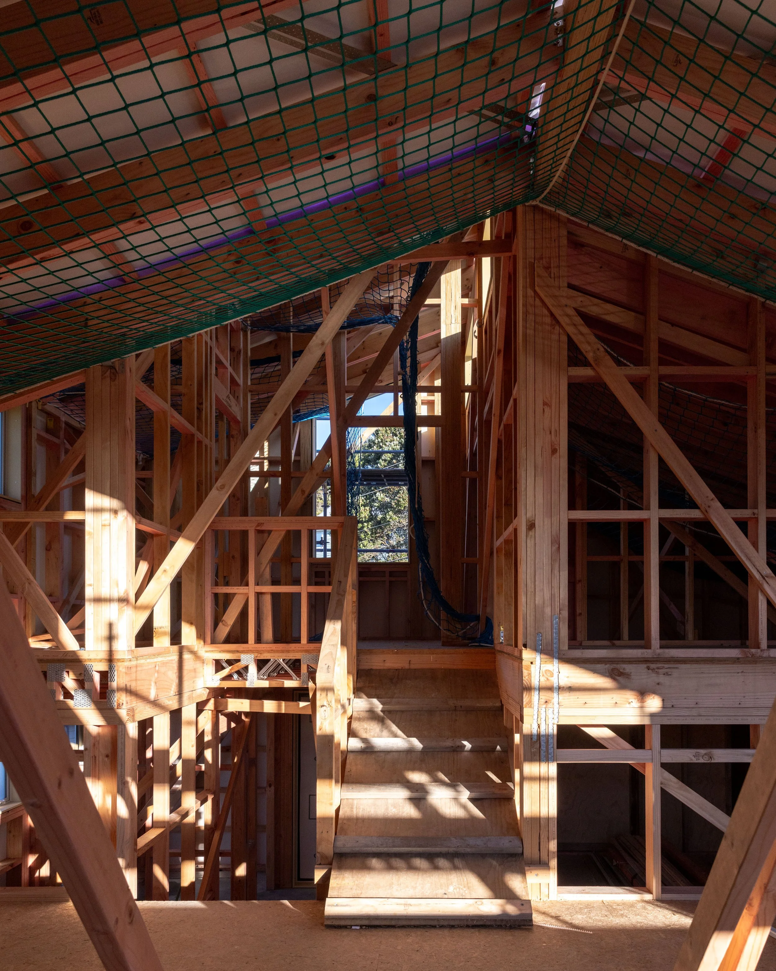 Fourfold First Light Studio - interior timber framing under construction with Flip Build