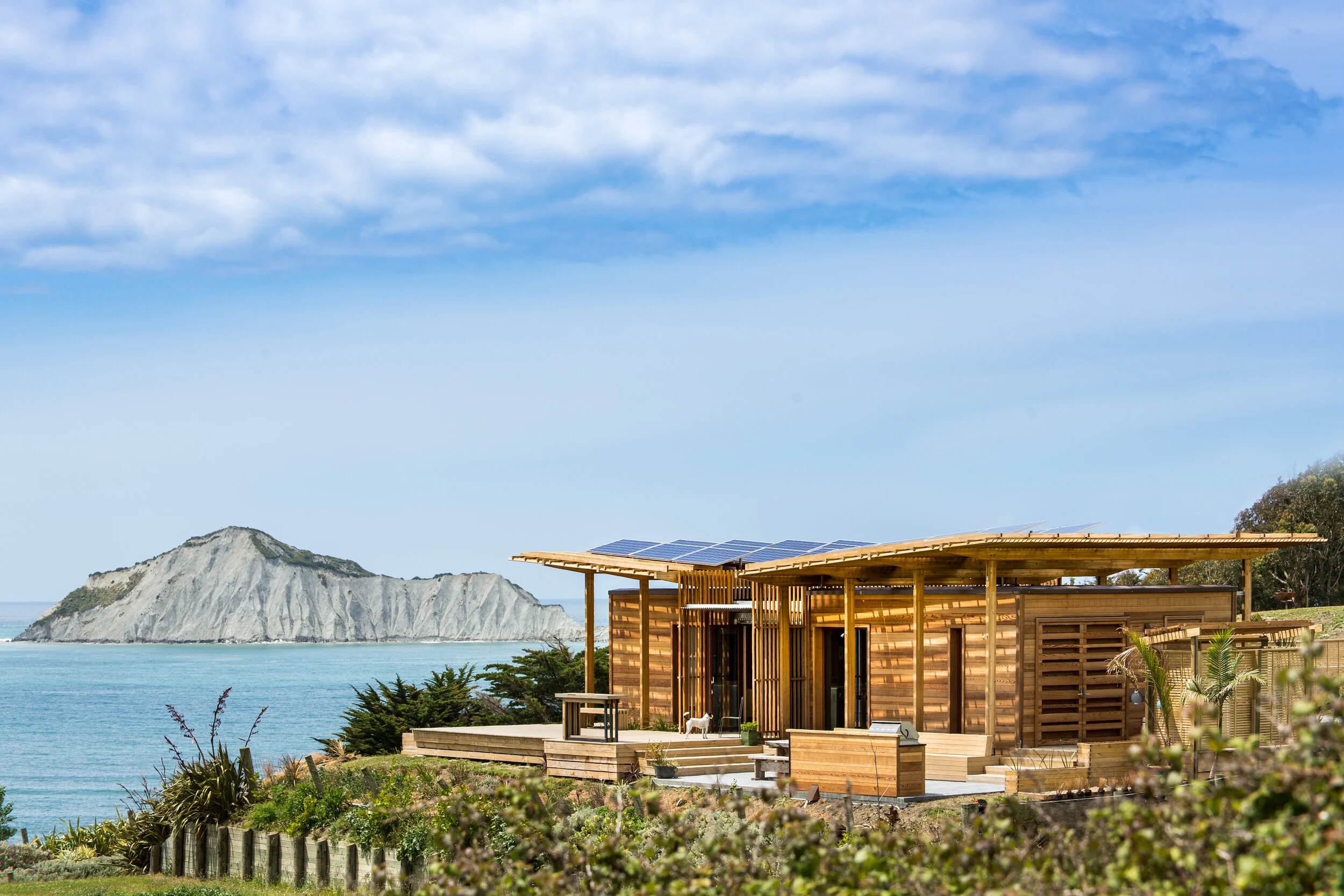 The First Light House in Waimārama, Hawkes Bay with the solar panels soaking up the sunshine.