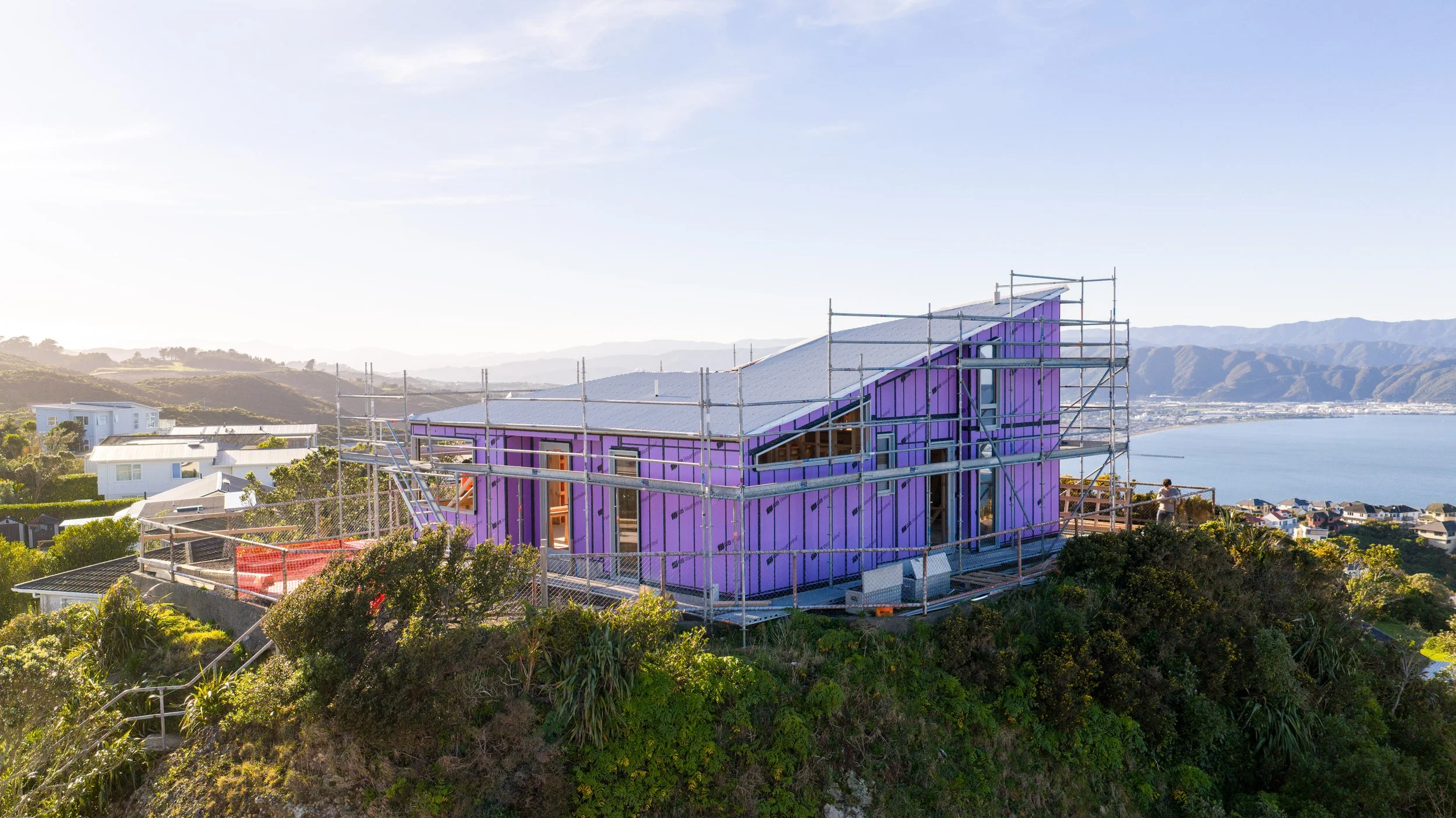 Luwte by First Light Studio, under construction with Flip BUILD hilltop build in Newlands, Wellington