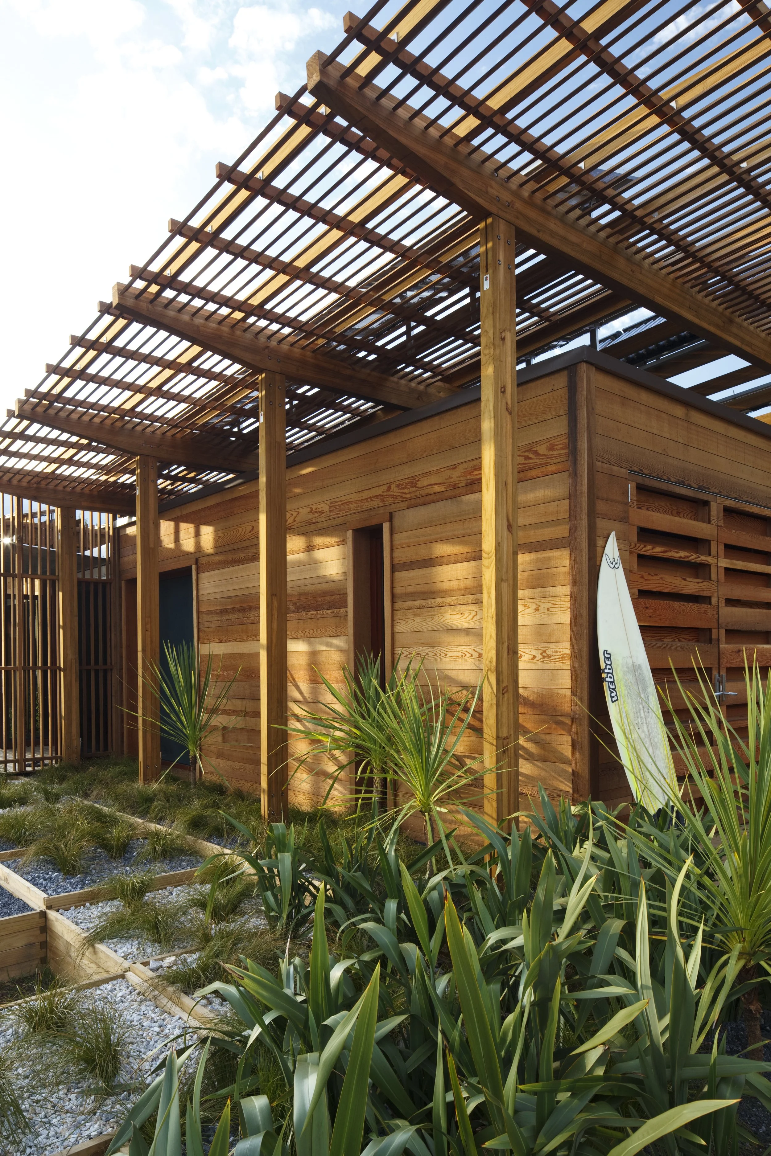 The First Light House, full-scale solar powered eco house with surf board in Washington DC