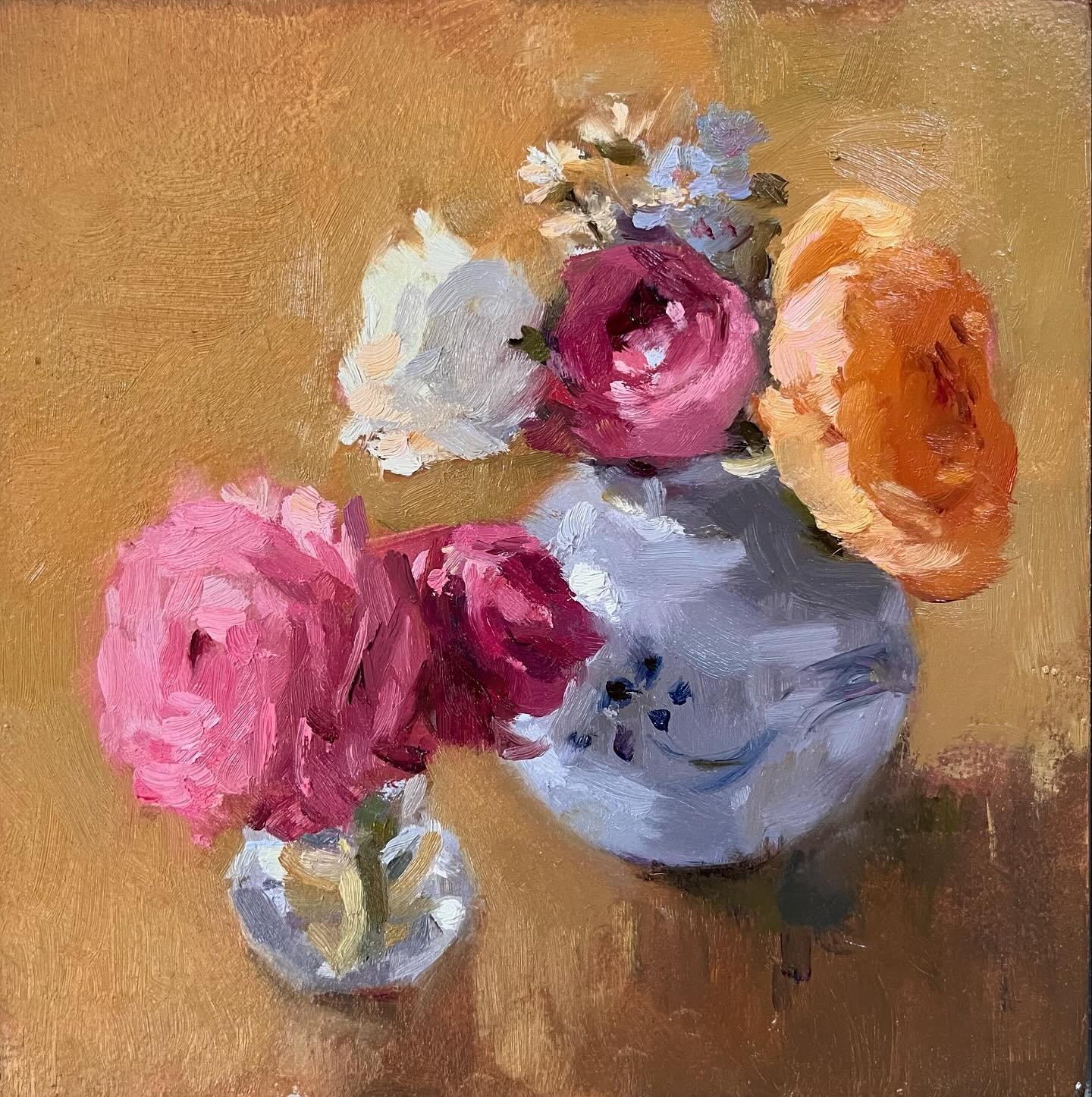 Flower Power, Oil on board, 7 x 7 inches.  Rununculas, lisianthus and forget-me-nots  in two of my favourite vases for tiny flowers. I tried to paint them really simply after looking at Manet&rsquo;s flowers. And to make it all about the gorgeous col