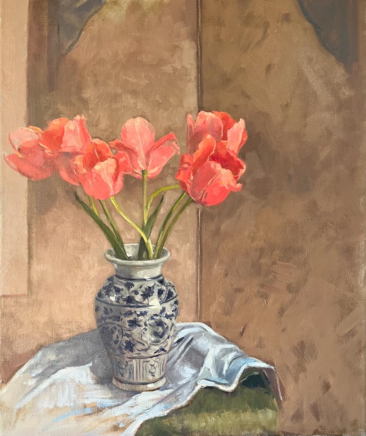 Pretty in Pink, Oil on canvas, 24 x 20 inches. Some beautiful pink tulips given to me for my birthday by my dear friend, Nicola. Bigger scale than my usual flower pictures. 

#pinktulips #tulips #blueandwhitevase #quickpainting #orange #pink #contemp
