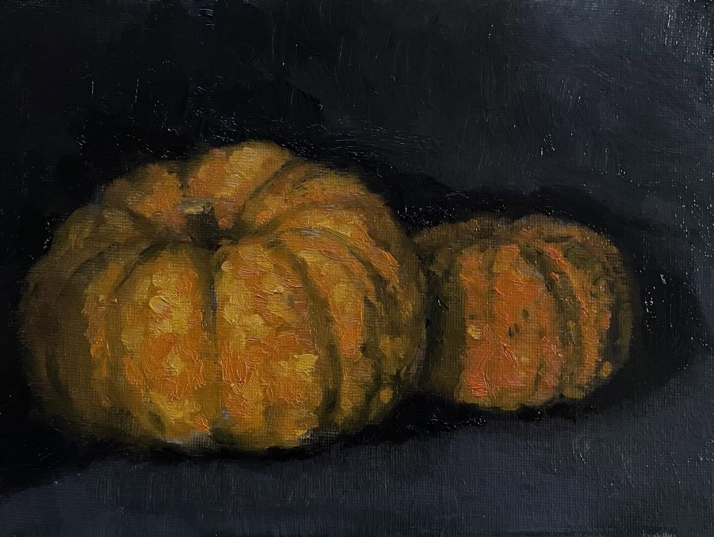 Winter Duet, Oil on board, 6 x 8 inches. A quick painting to get back into work after a short break. These are the same pumpkins that were in my Halloween painting &lsquo;Taste of Autumn&rsquo;. I&rsquo;m sure they&rsquo;re well past their sell by da