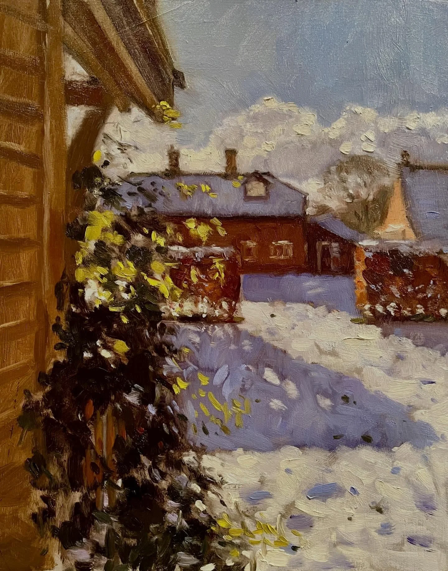 Winter Jasmine in Snow, Oil on board, 10 x 8 inches. Such a treat to see snow this week (unless you want to go somewhere) a some gorgeous sunny day as well. The jasmine grows up the side of my studio and the house is in the distance.

#snow #Norfolk 