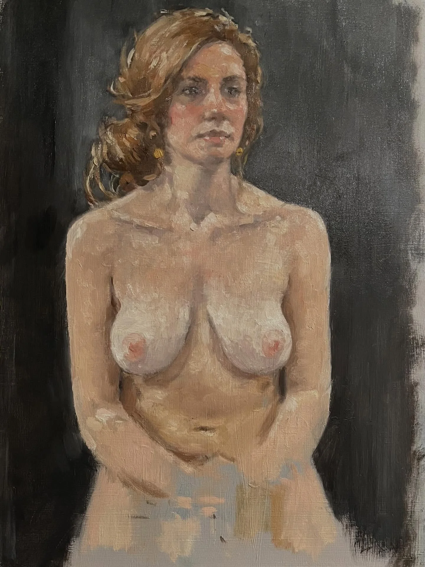 George (Georgina) @embodiedwoman1, Oil on board, 9 x 12 inches. Our gorgeous model from last week&rsquo;s life class . I used my usual four colours of life painting: Mixed white, yellow ochre, cadmium red and ivory black.

#weeklylifeclasses  #lifemo