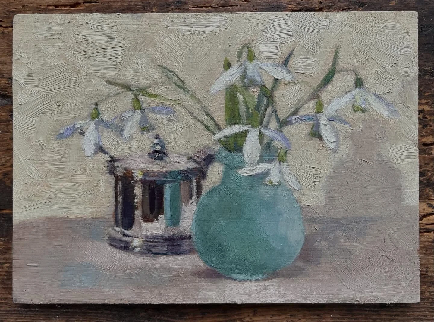 Silver Snowdrops, Oil on board, 6 x 8 inches. Snowdrops in a green glass vase from a Florence flea market and a silver mustard pot. 

I recently saw the wonderful William Nicholson exhibition @pallanthousegallery in Chichester and was very inspired b