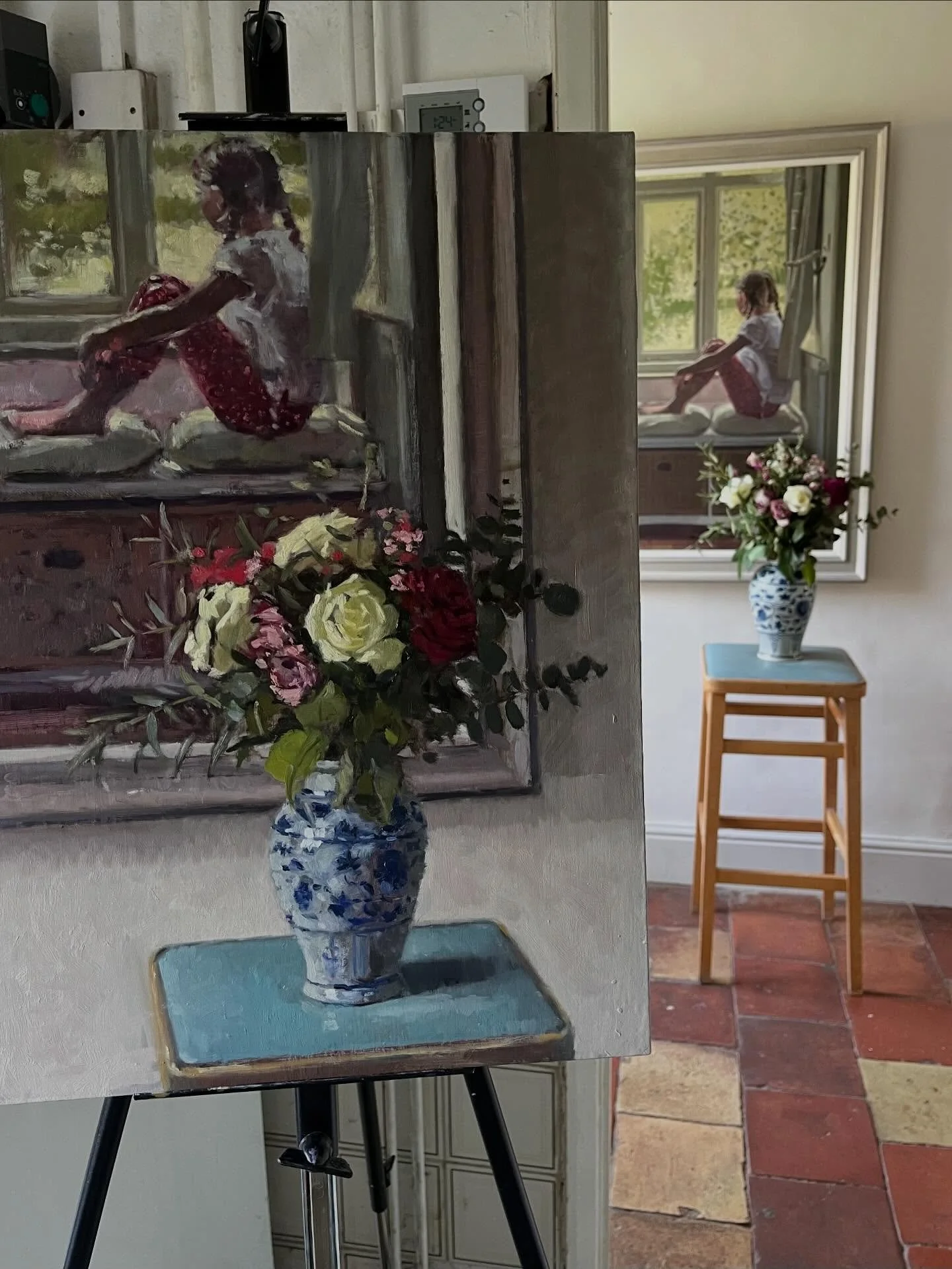 Mother&rsquo;s Day, Oil on board, 20 x 16 inches.  These flowers were given to me by my children for Mother&rsquo;s Day which I put in front of a painting I did of my daughter a few years ago. I thought the colours in the flowers were picked up in th