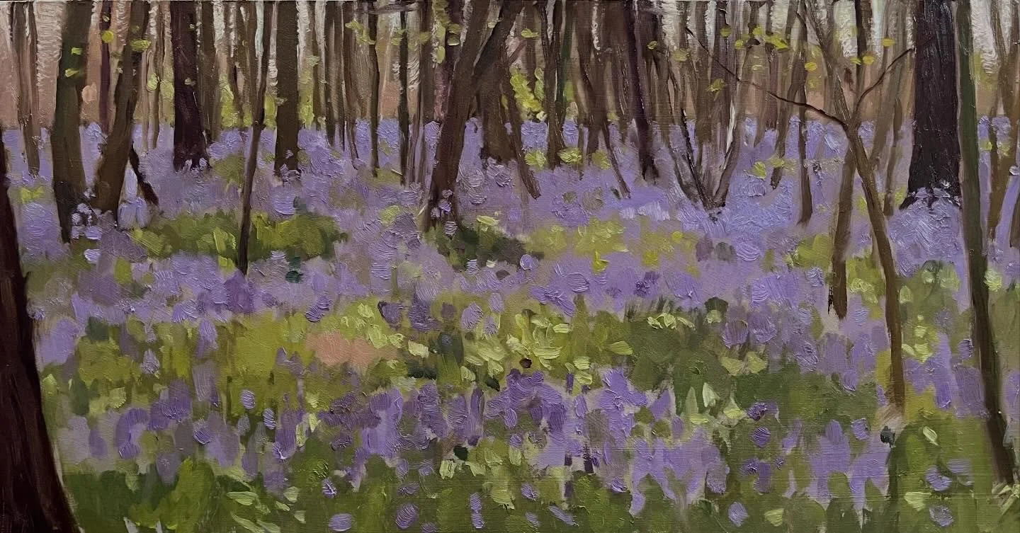 Bluebell Woods, Little Dunham, Oil on board, 8 x 16 inches. A commission for some friends who live near this wood. My first panting of bluebells, just need to finesse it a little back in the studio. 

#bluebells #bluebellwoods #commission #purpleandg