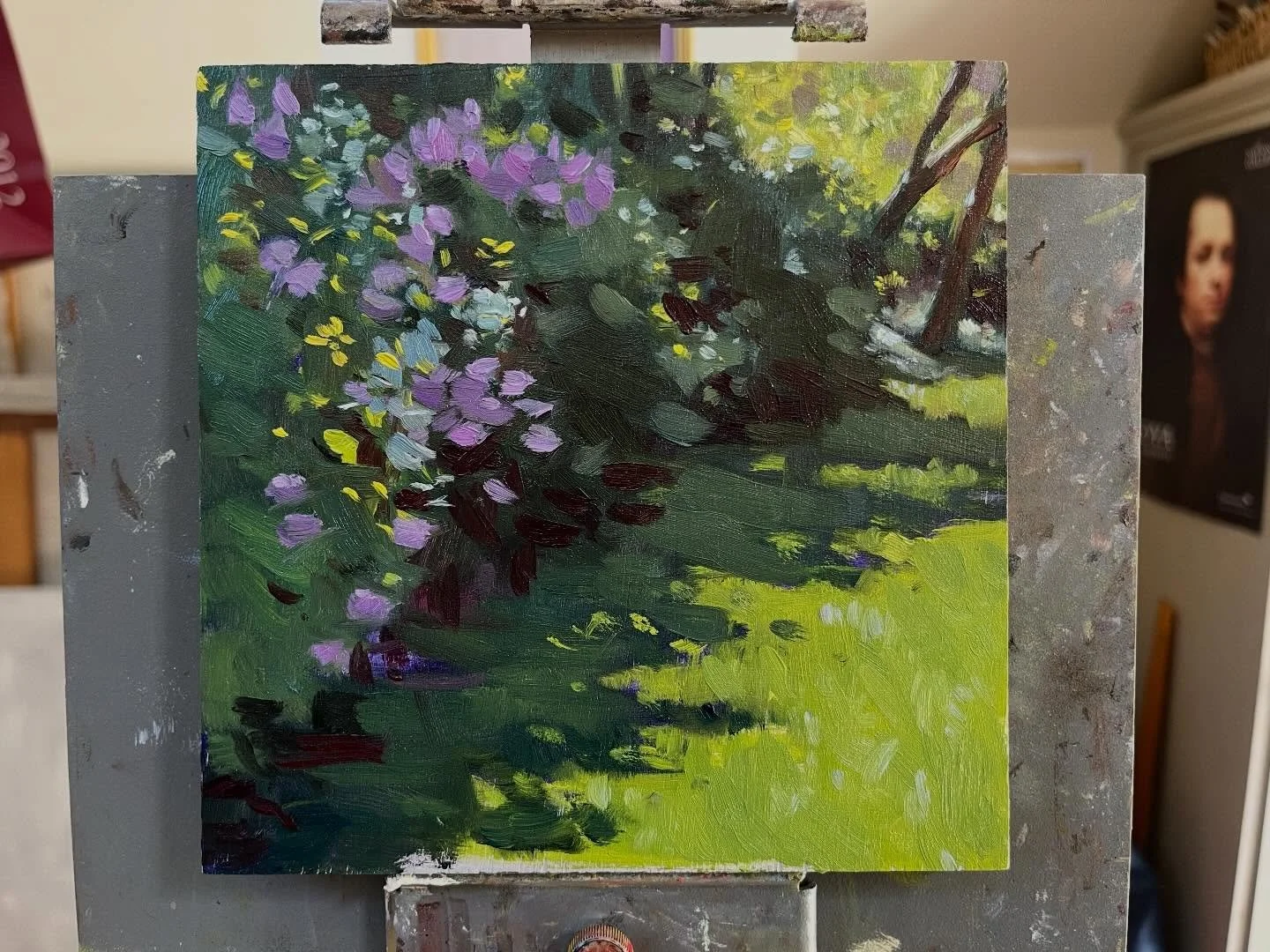 Lilac, Oil on board, 6 x 6 inches. Another quick oil exercise, this one took twice as long as the Mexican orange blossom yesterday. Still tried not to overwork and get the general impression.

I forgot to take photos yesterday but made  up for it tod