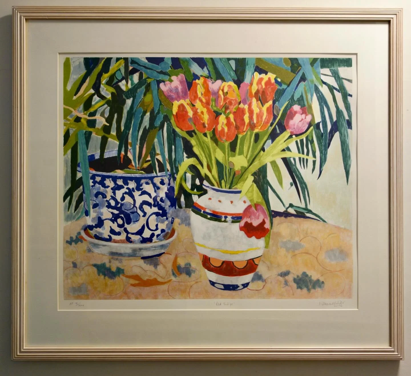 Red Tulips limited edition screenprint, image size 21.5 x 26 inches (55 x 66 cm). Framed size 31 x 35 inches (80 x 89 cm) 
Edition of 25 handmade prints. 

Produced a few years ago from a painting I had done. It was a labour of love one summer to pro
