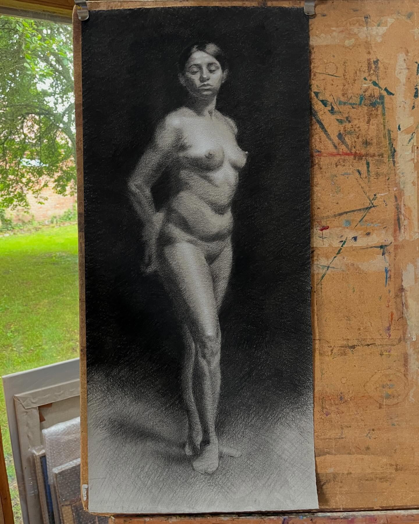 Reworked my life drawing of Gabriela that I did in Florence last year. 

In preparation for our move I have ordered a frame to keep it safe and decided to bring the charcoal to the edge of the paper. This emphasises the values of the figure without t