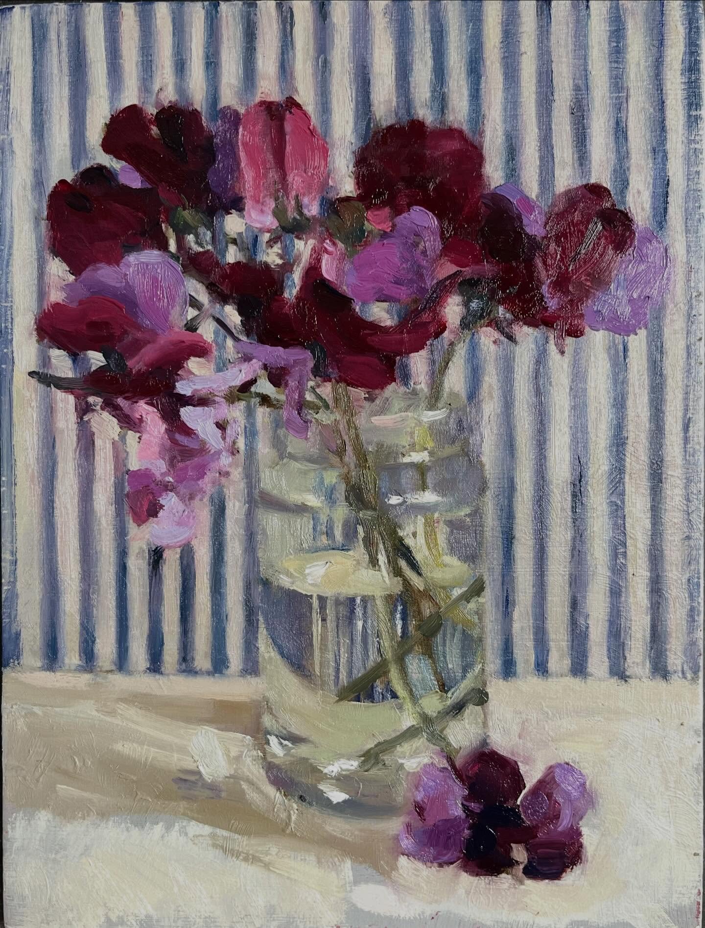 Striped Sweet Peas, Oil on board, 8 x 6 inches. A quick painting to break up the long days of packing up the studio. The sweet peas are from our garden (for a change!) and the striped backdrop is my newly covered/restored screen which I couldn&rsquo;