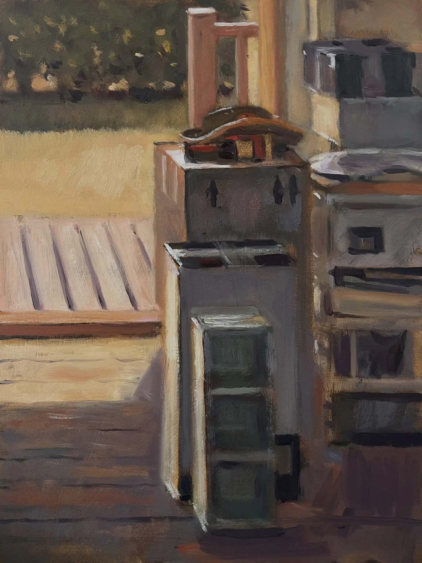 Moving, Oil on board, 10 x 8 inches. A little contre jour study of packing boxes in my studio against the sun baked garden. It turned out to take a bit longer than planned )like the house move) but enlightened by listening to a Michelangelo podcast.
