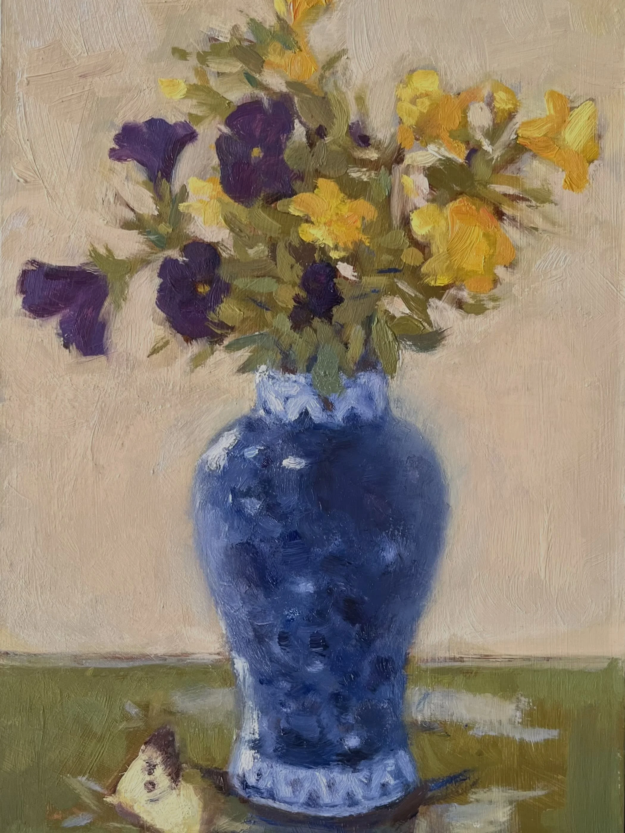Petunia Posy, Oil on board, 9 x 5 inches. A few petunias from a pot in the garden in a new Delft vase. I repainted it several times with pattern/without pattern and I think it&rsquo;s time to stop. 

#petunias #purple  #delftvase #stilllife #naomicle
