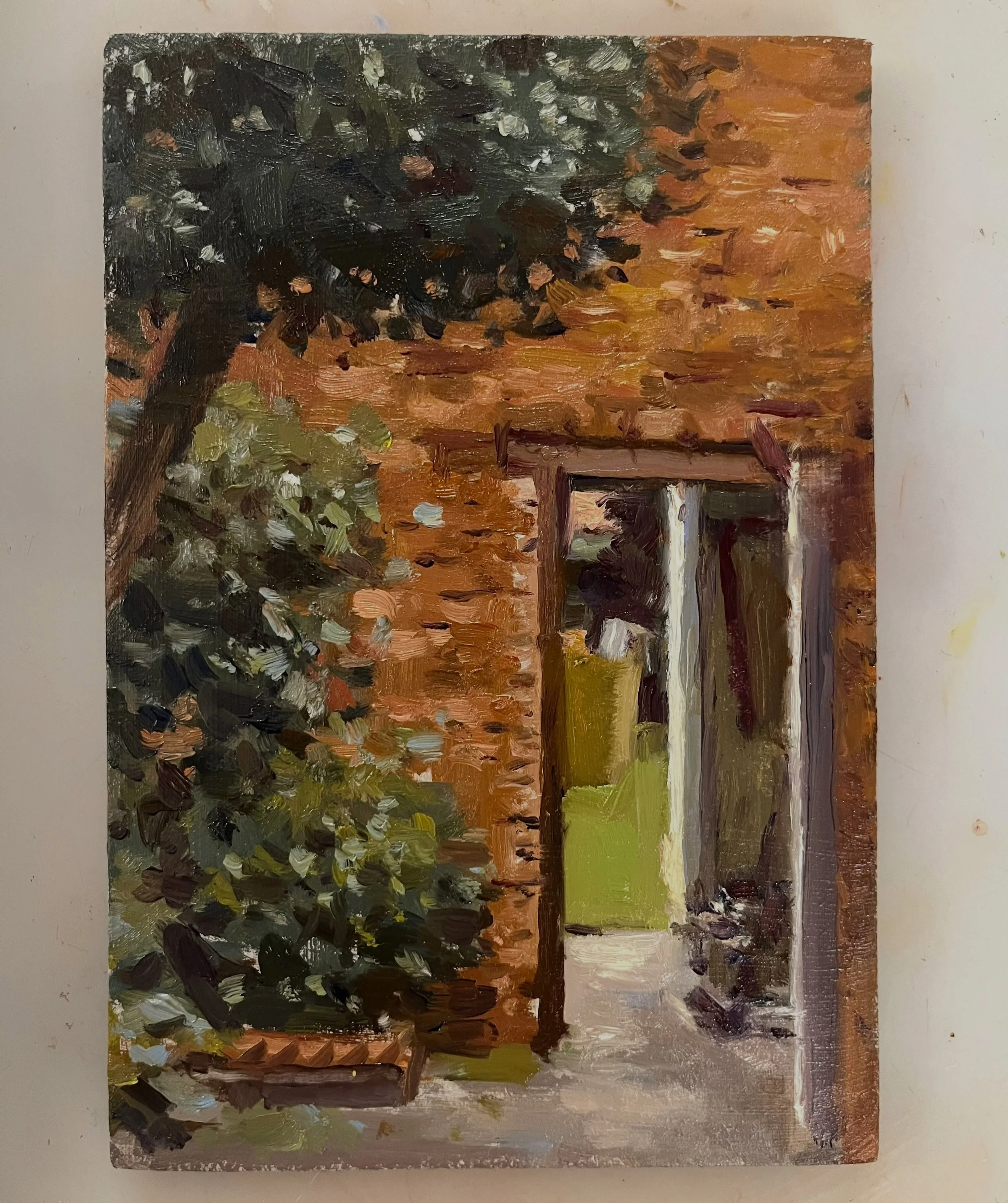 The Workshop, Oil on board, 6 x 4 inches. Same view as the pen drawing but with the door open to the back garden. Study for bigger painting.

#workshop  #oldbricks #outbuildings #studio #originalart