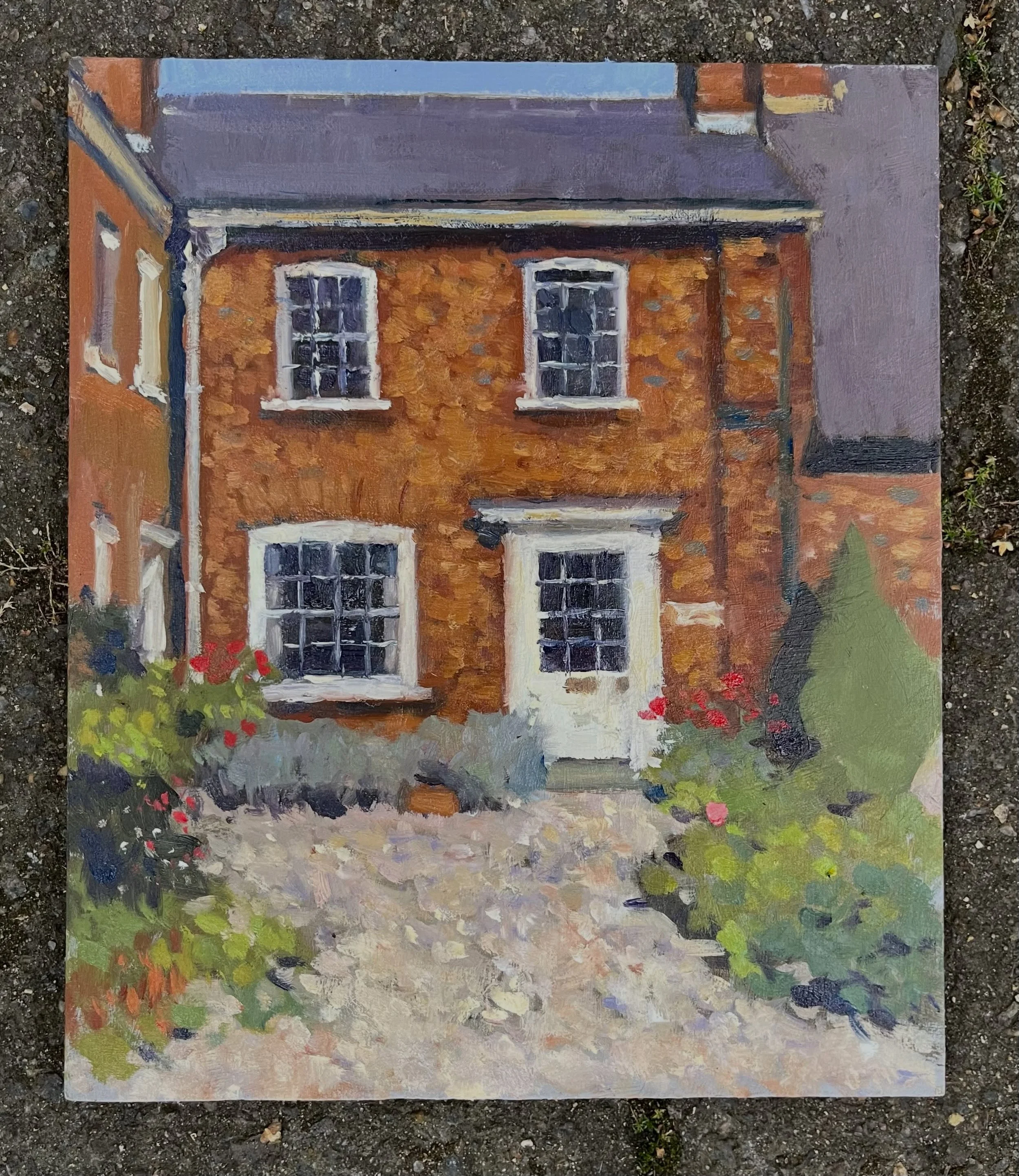 Our House, Oil on board, 9 x 7 inches. 

First painting of our new house, first of many.  Maybe a bigger one next time!

#georgianhouse #pleinair #markettown #geranium #hollyhocks