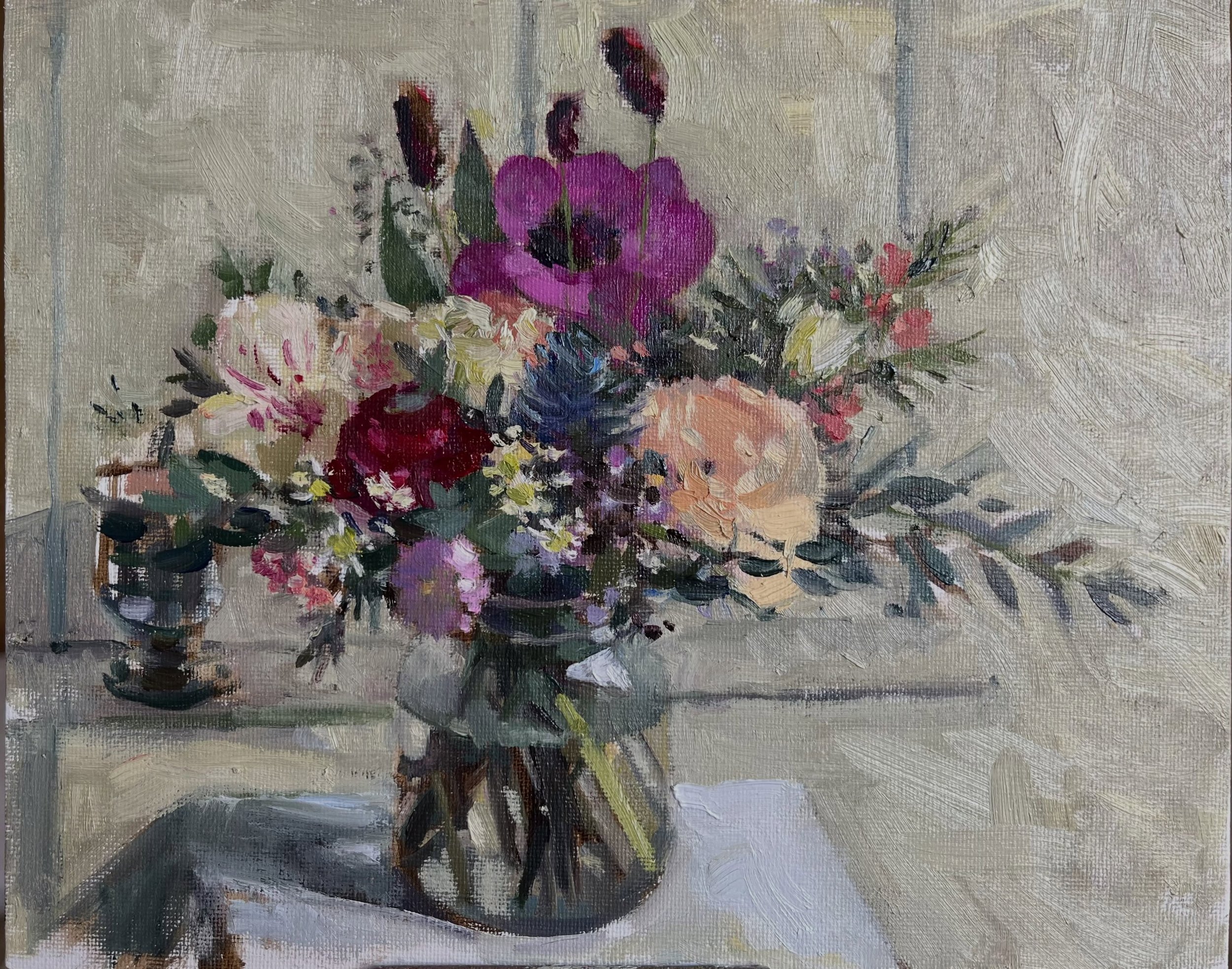 Anemone Bouquet, Oil on board, 8 x 10 inches. Another jam jar bouquet from Flower Folk in Reepham, where the Indian Summer flowers came from. I love the way the purple anemone stands tall over the other flowers.

The backdrop here is a wooden door wh
