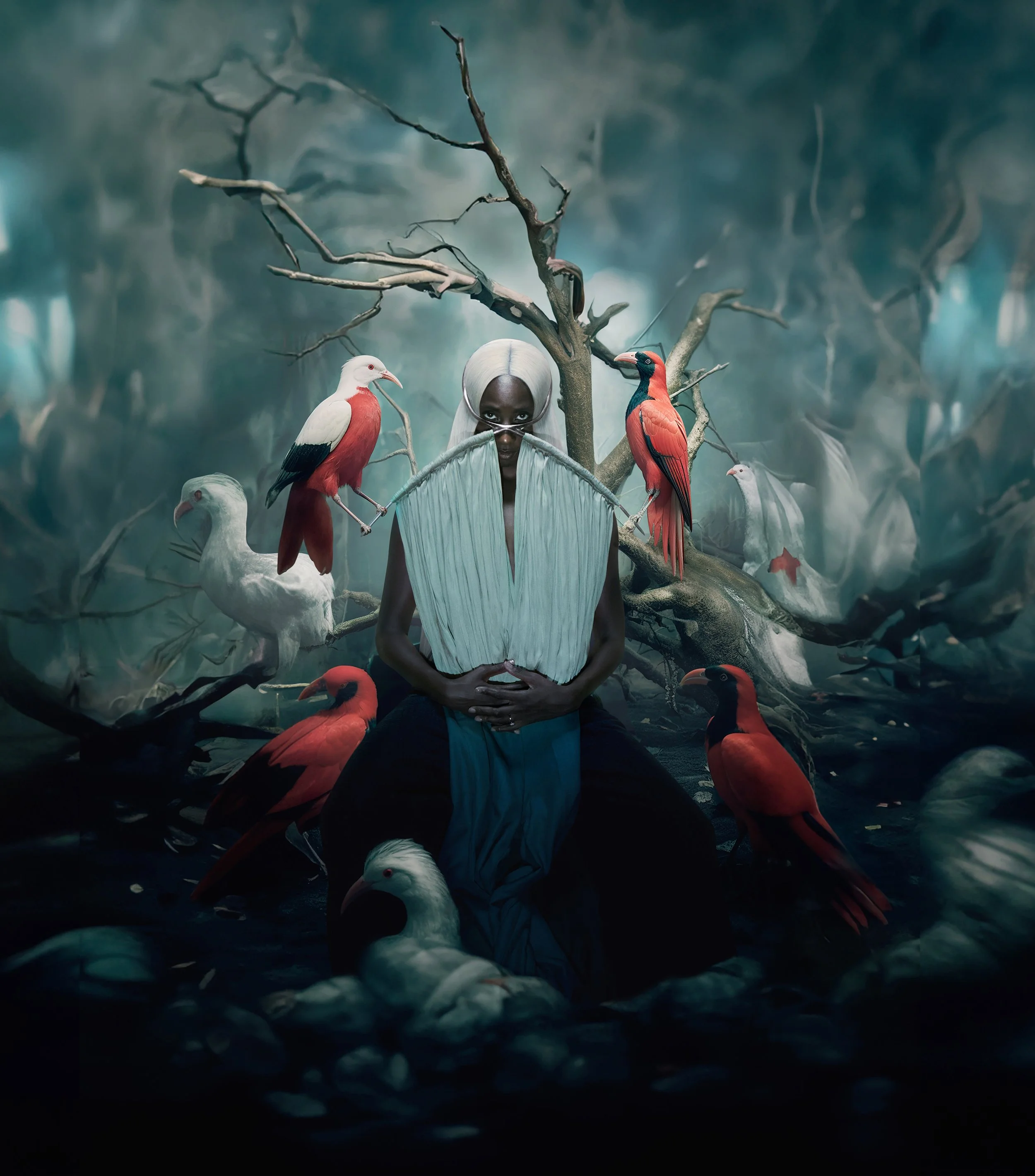 A surreal scene featuring a person with white hair and a unique outfit, seated among various exotic birds with vibrant red and white plumage, set against a mysterious, misty backdrop with barren trees.