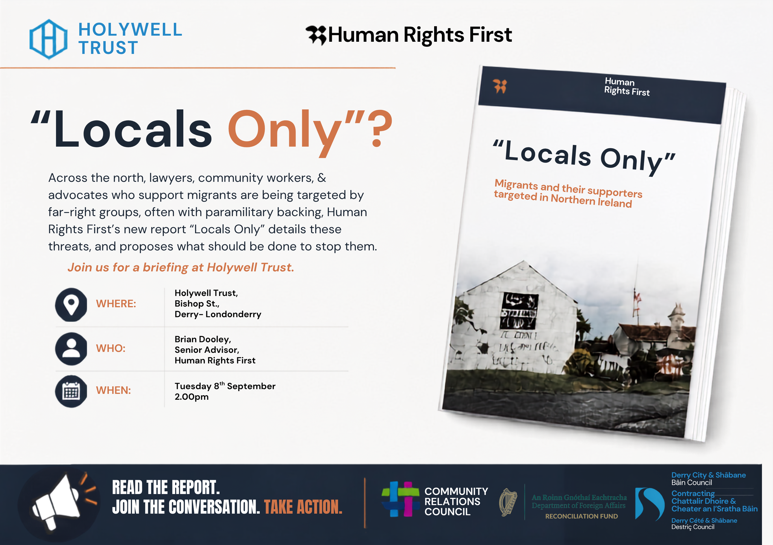 “Locals Only” - Briefing session by Human Rights First on targeting of those supporting migrants, 8th Sept 2pm @Holywell