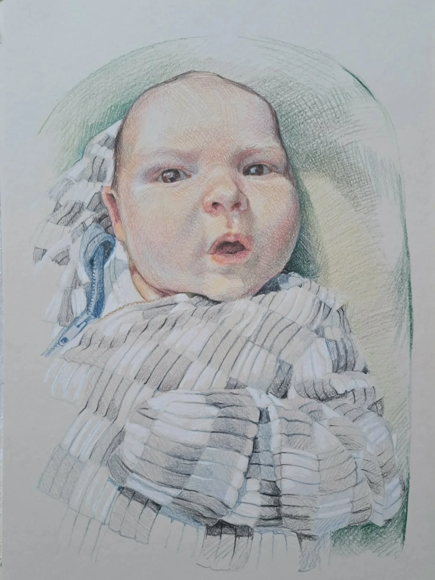 I don't get many baby portrait commissions, but this one takes the biscuit! Absolutely LOVE his expression, somewhere between bemusement and indignation. My lovely collector organised it with as a joint gift for his new grandchild's parents. Swipe fo