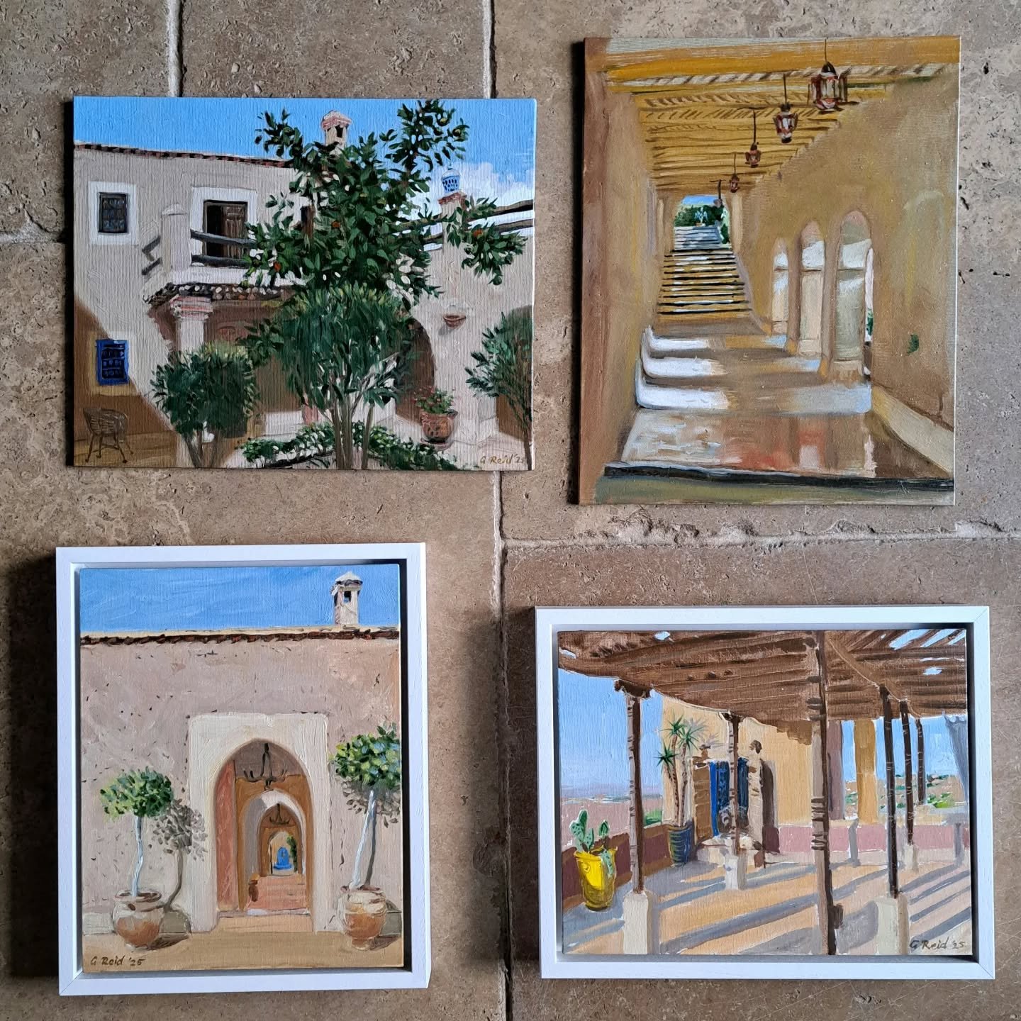 Varnishing, framing, and reminiscing about Morocco... Thank you to my wonderful travelling companions, to @somapilatesuk for the glorious rooftop studio daily practice, to @tigmi_marrakech for the beautiful setting, and to @leonsbucketlist for managi