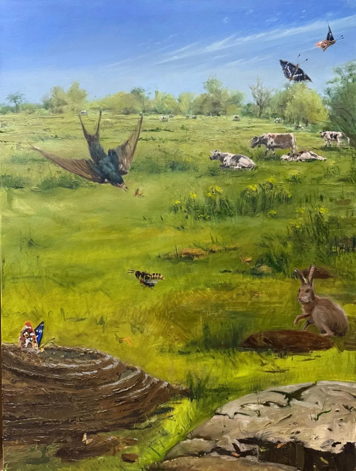 #Dungscape progress update - finally got my magic overalls back on, spurred by an ego-inflating chat with the wonderful @laurawilliamsartist . Got playful with the dungpat texture (inspired by @pjkempart ), added ragwort and rabbit, then sketched out