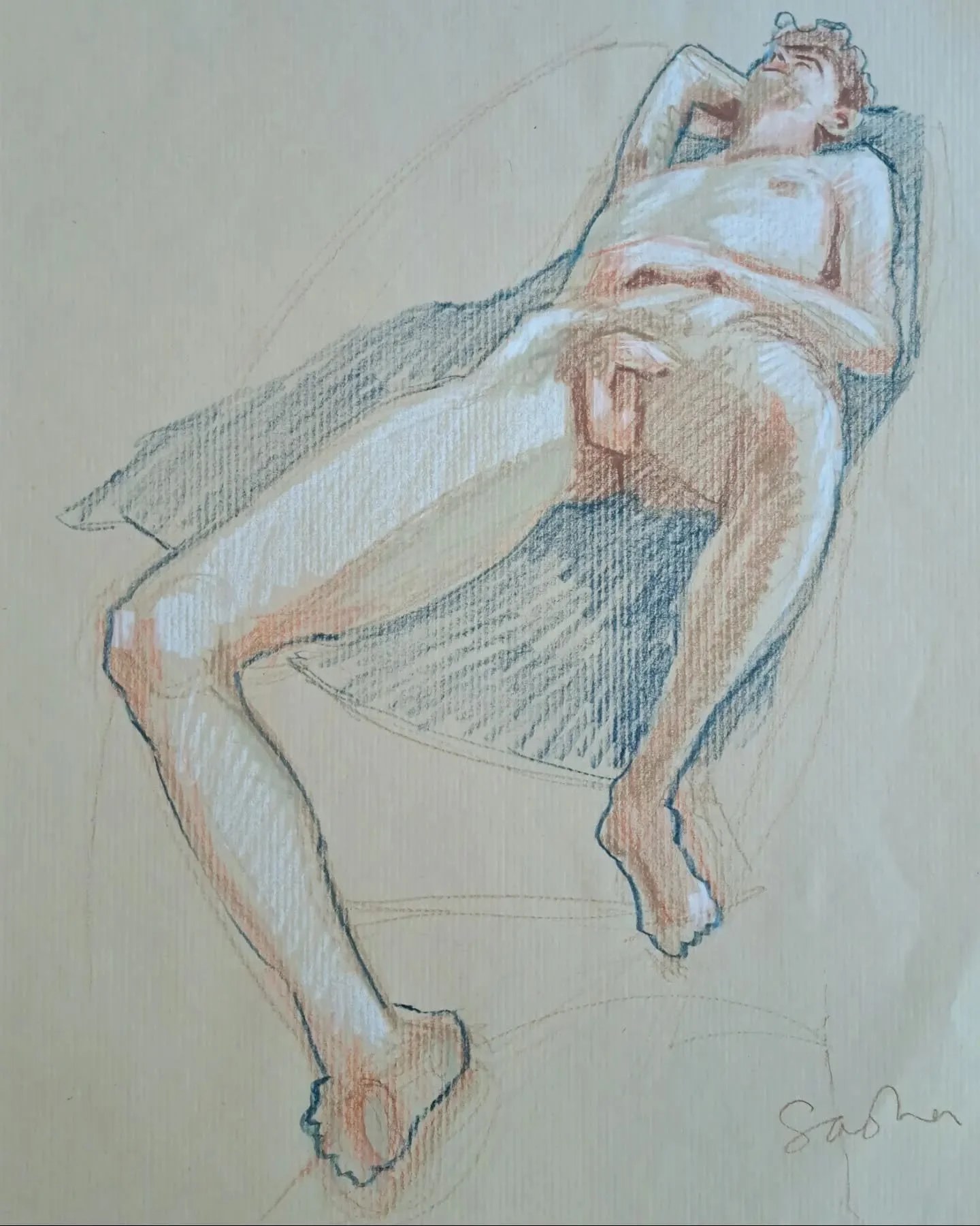 Looking at the first drawing I can hardly believe that forshortened leg. But it's true to what I saw. Conker season is upon us 🤩. Both approx 20 mins, of the brilliant Sasha c/o @unitedmodels_lifedrawing @kit.form . Great fun having @artcclark23 the