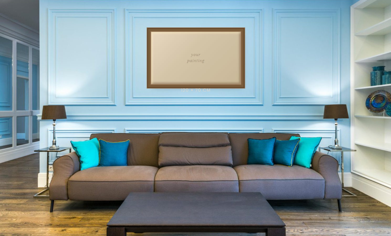 A mockup room with a template of a painting on the wall