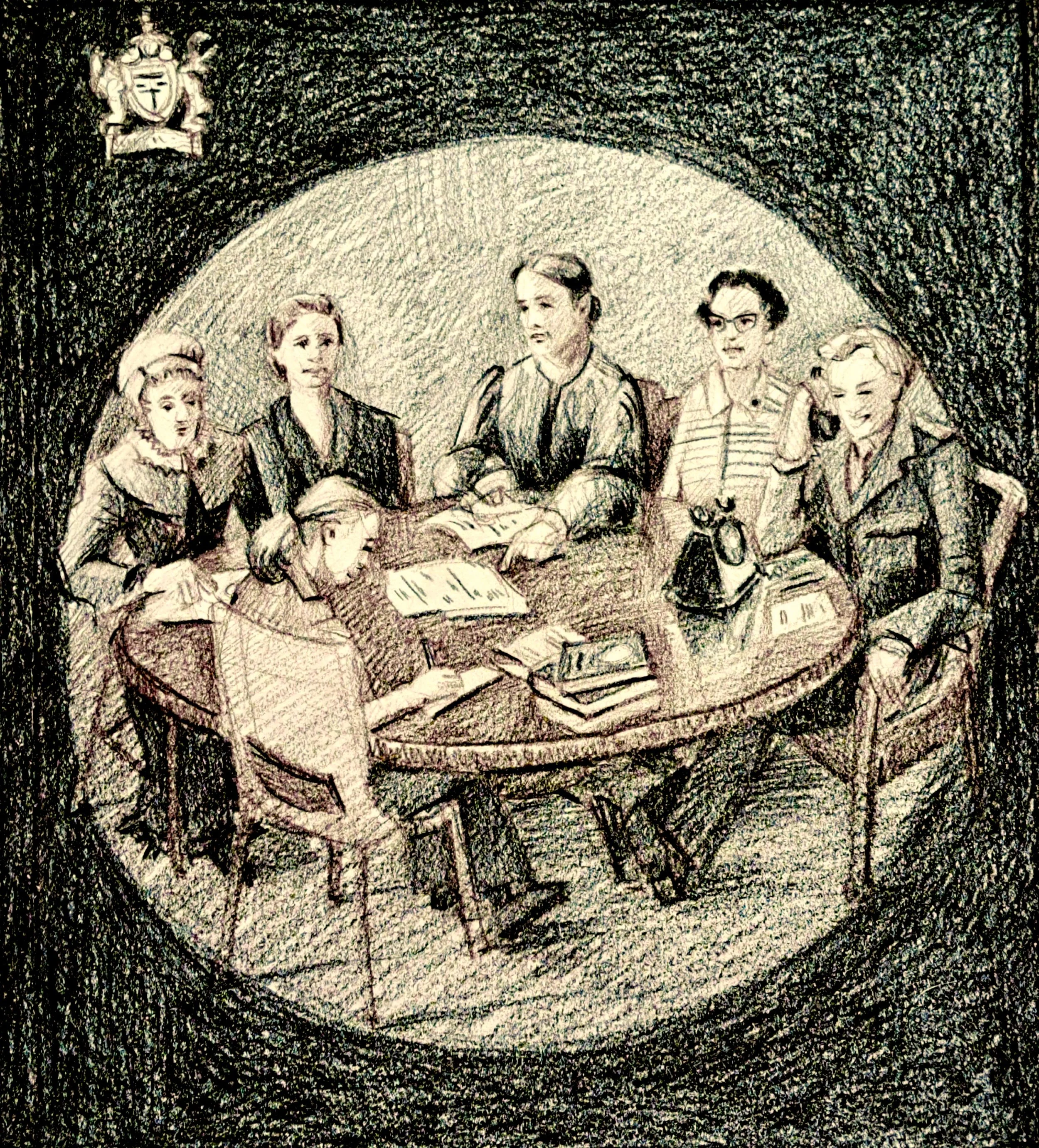 A grisaille sketch of 6 women round a table, with a crest in the background. The women are scientists, with their work in front of them. They are from different eras so are in a mix of styles of clothing.