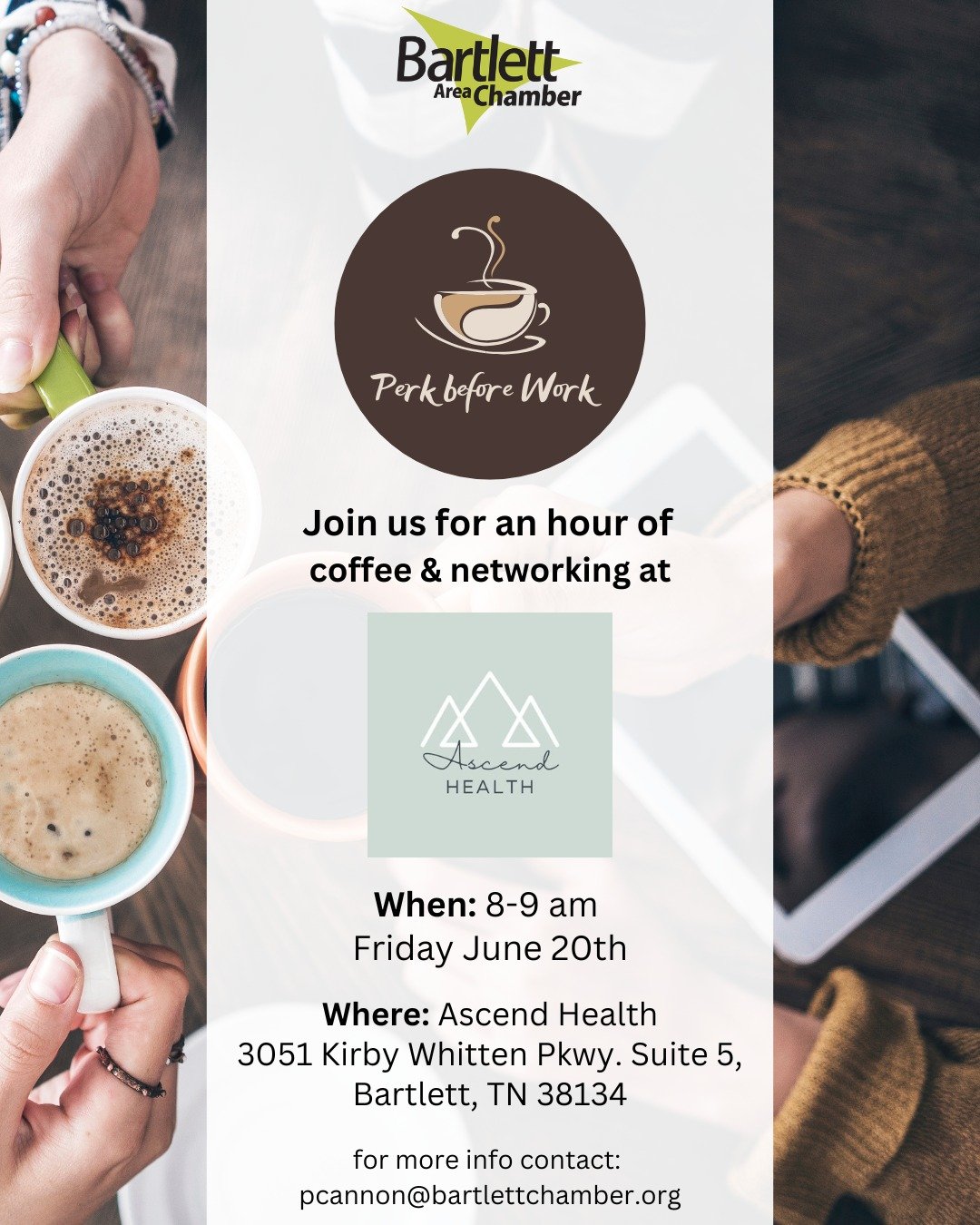 Looking for ways to connect this month?

Mark your calendars for our next Perk Before Work and Business After Hours events. 

Perk Before Work | Ascend Health
📅 Date: Friday June 20th
⏰ Time: 8:00AM
📍 Location: 3051 Kirby Whitten Pkwy, Bartlett, TN