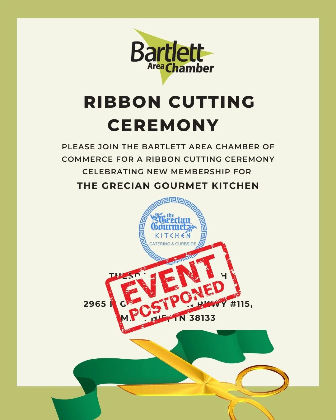 POSTPONED: 

We&rsquo;re sad to share that our ribbon cutting for Grecian Gourmet has been postponed &mdash; but only for the best reason! 🎉

Owner Corinne and her incredible team have been hard at work, serving hundreds of customers each day &mdash