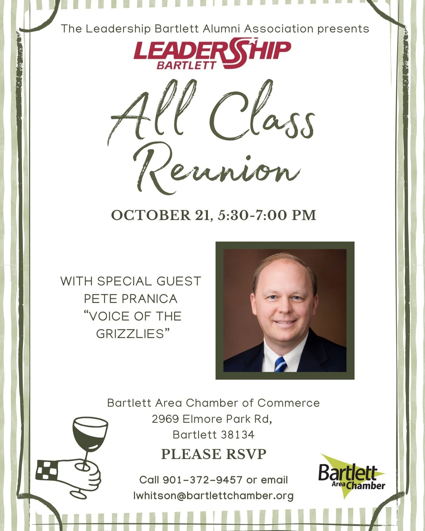 Reconnect with your classmates, network with fellow alumni, and share your ideas for the future of the LBAA at our upcoming Leadership Bartlett Alumni Reunion hosted by Leadership Bartlett and the Leadership Bartlett Alumni Association (LBAA).

This 