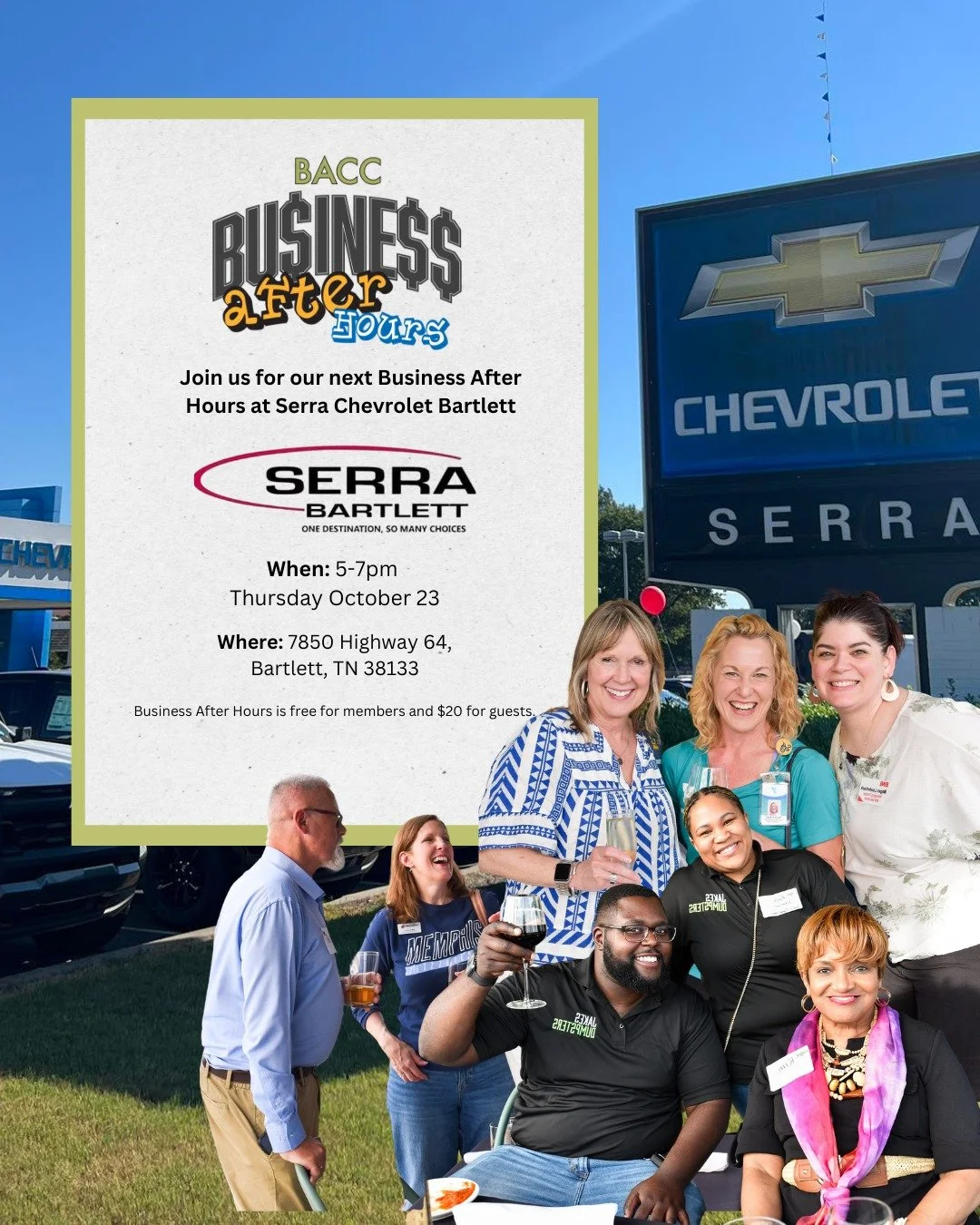 Your Thursday evening plans? Handled. 🙌
Join us tomorrow at Serra Chevrolet Bartlett for Business After Hours &mdash; the perfect mix of business and fun!

Enjoy complimentary drinks, tasty bites, and great conversation while checking out a few shin