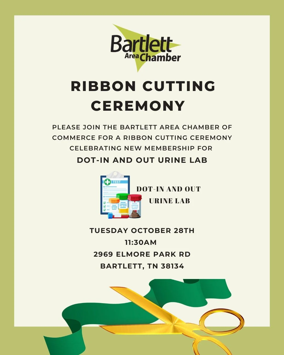 Help DOT In and Out Urine Lab celebrate their new membership with an official ribbon cutting! ✂️✨
Come out to support, connect with fellow members, and help us welcome them to the Bartlett business community in style. 

Tuesday 10/28 | Ribbon Cutting