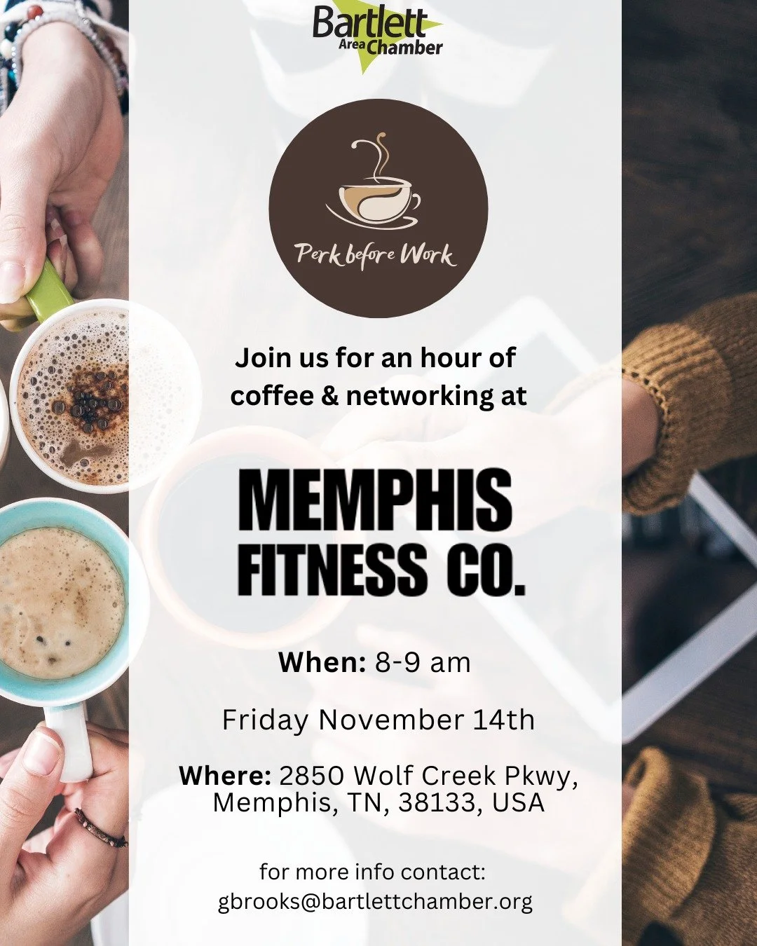 Enjoy an hour of coffee and networking hosted by @memphisfitnesscowolfchase, during our Final Perk Before Work of the year!☕

Perk Before Work is a great opportunity to meet fellow members and learn more about the community.

This event is free and o