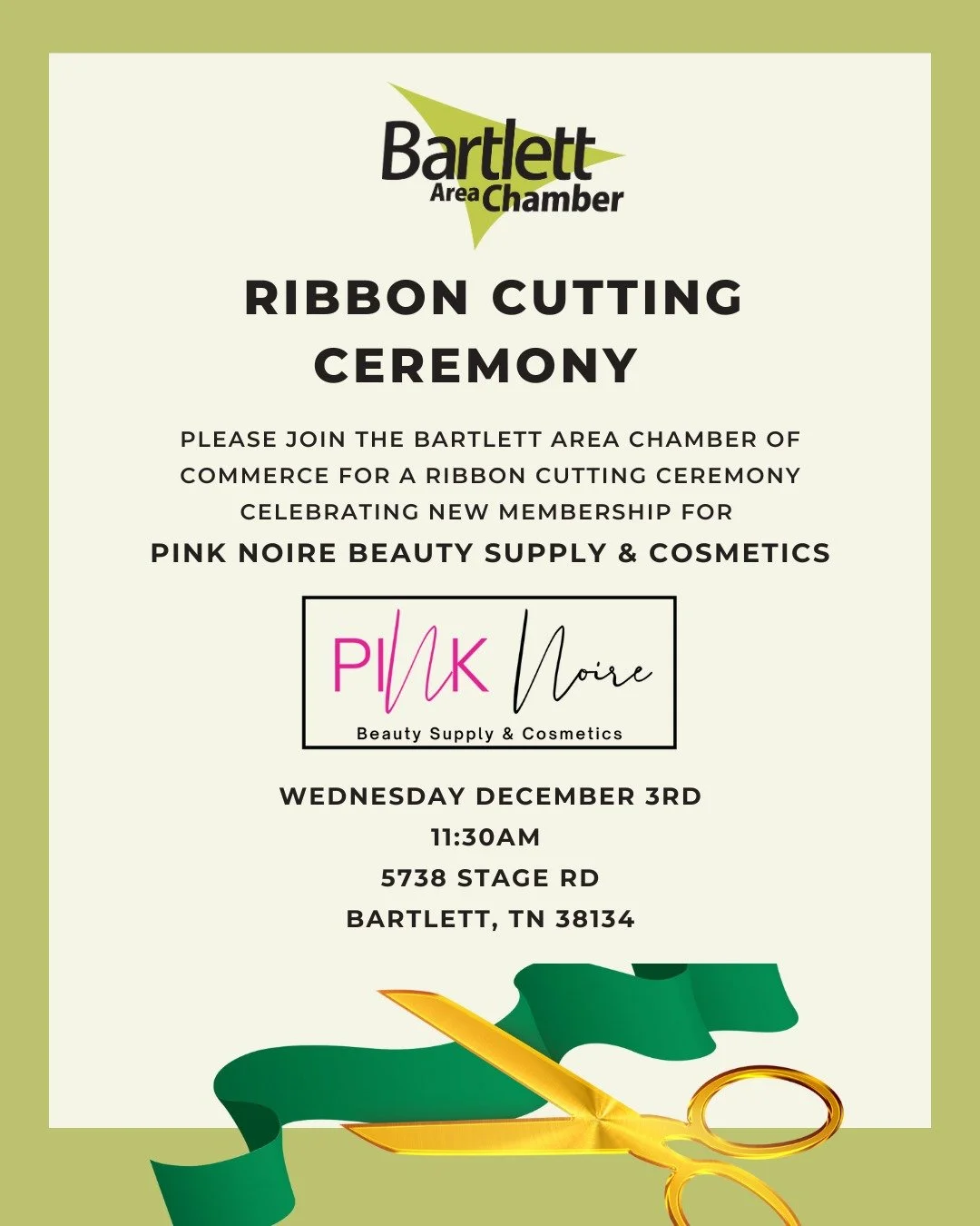Please join us in welcoming new member @pink_noire this Wednesday at 11:30am!

Wednesday 12/03 | Ribbon Cutting
Pink Noire Beauty Supply &amp; Cosmetics
11:30am
5738 stage Rd
Bartlett, TN 38134

#bartlett #smallbusiness #ribboncutting #chamberofcomme