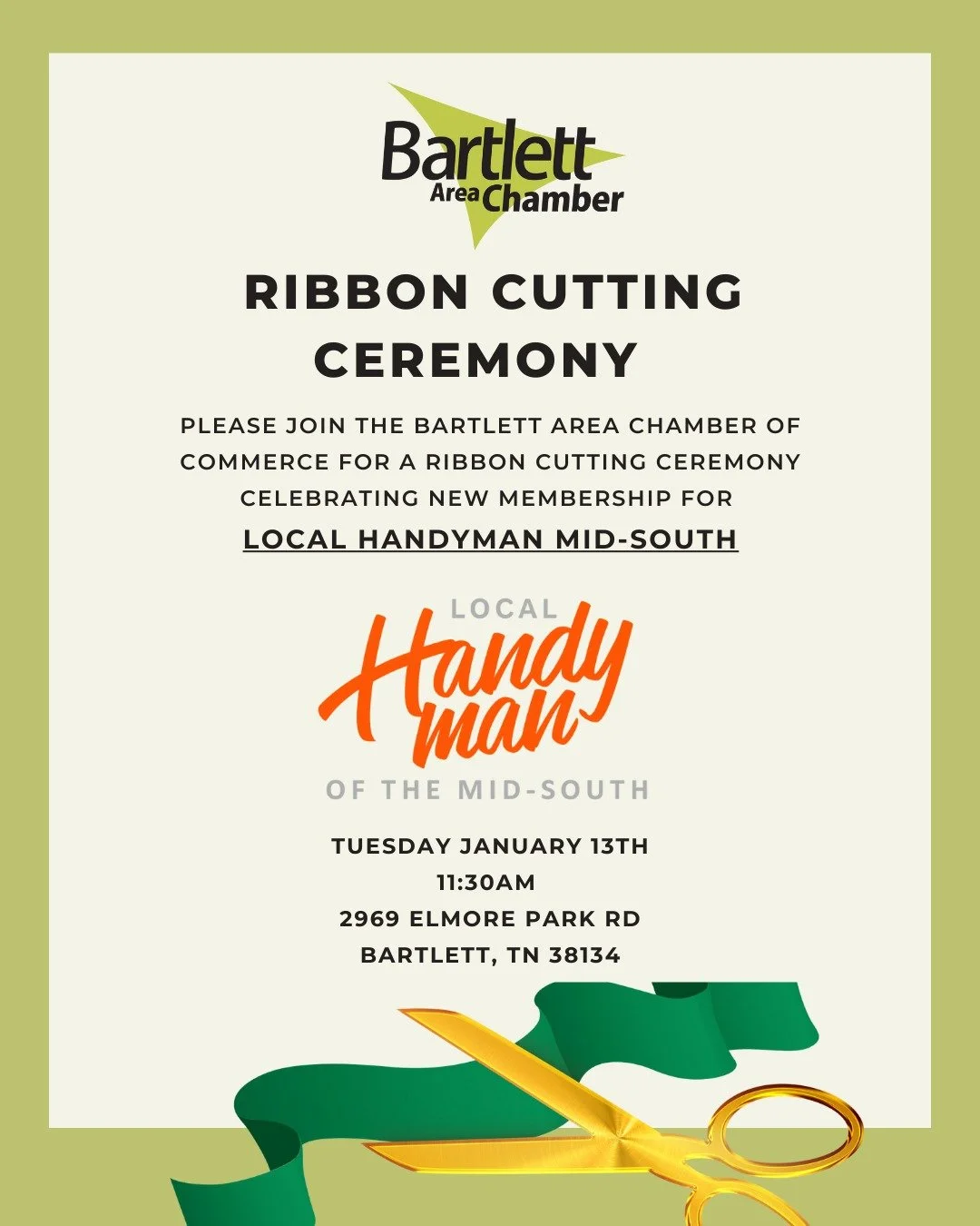 Looking for a reason to get out, support local, and make new connections? Join us our first ribbon cutting of 2026 celebrating new membership for @localhandymangroup of the Mid-South ✂️🎉

Meet fellow community members, and make a few new connections