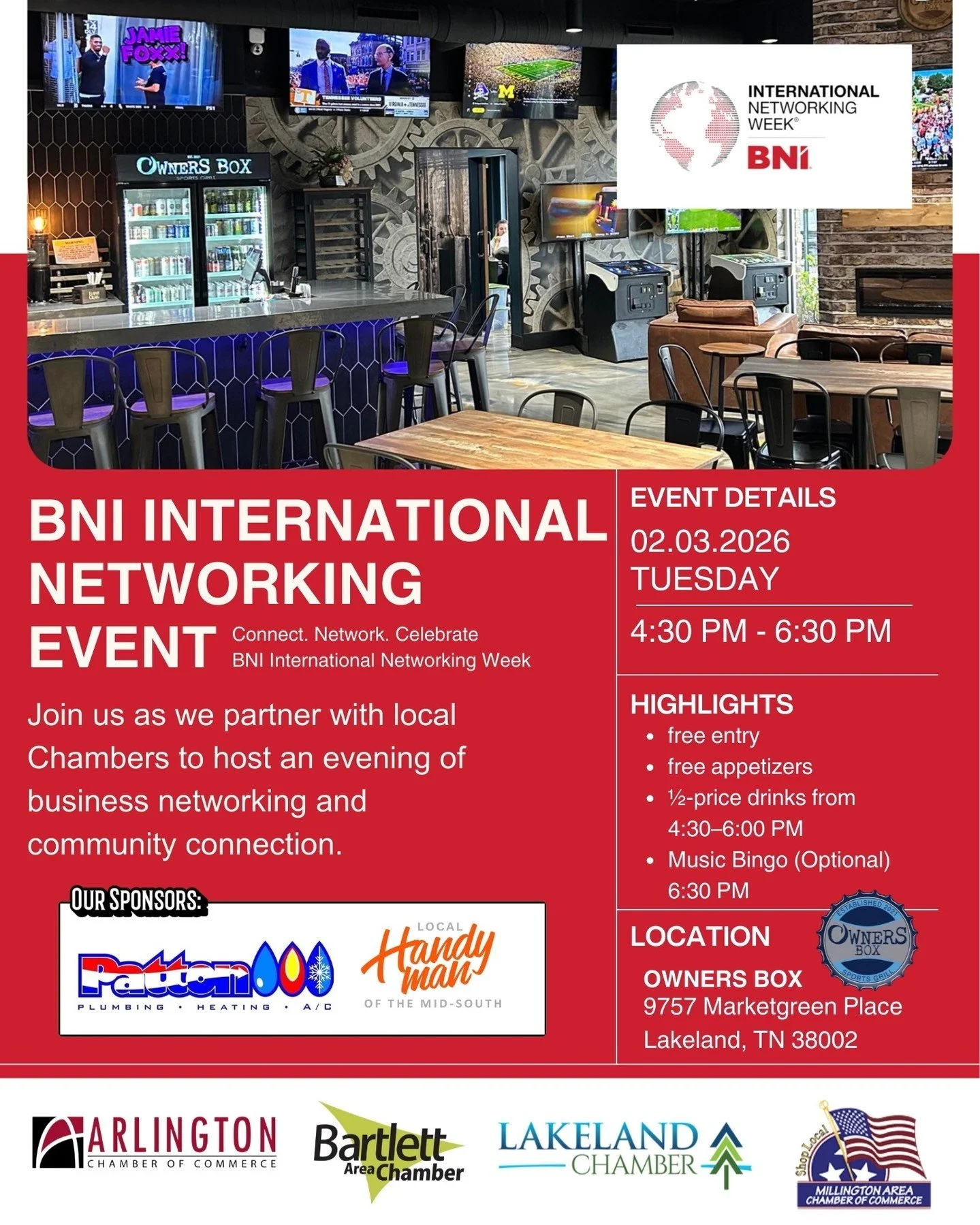 🤝 You&rsquo;re invited! BNI International Networking Event is for an those looking for connection, collaboration, and community with chambers and professionals from across the region.

Enjoy appetizers provided by Local Handyman Mid-Southand Patton 