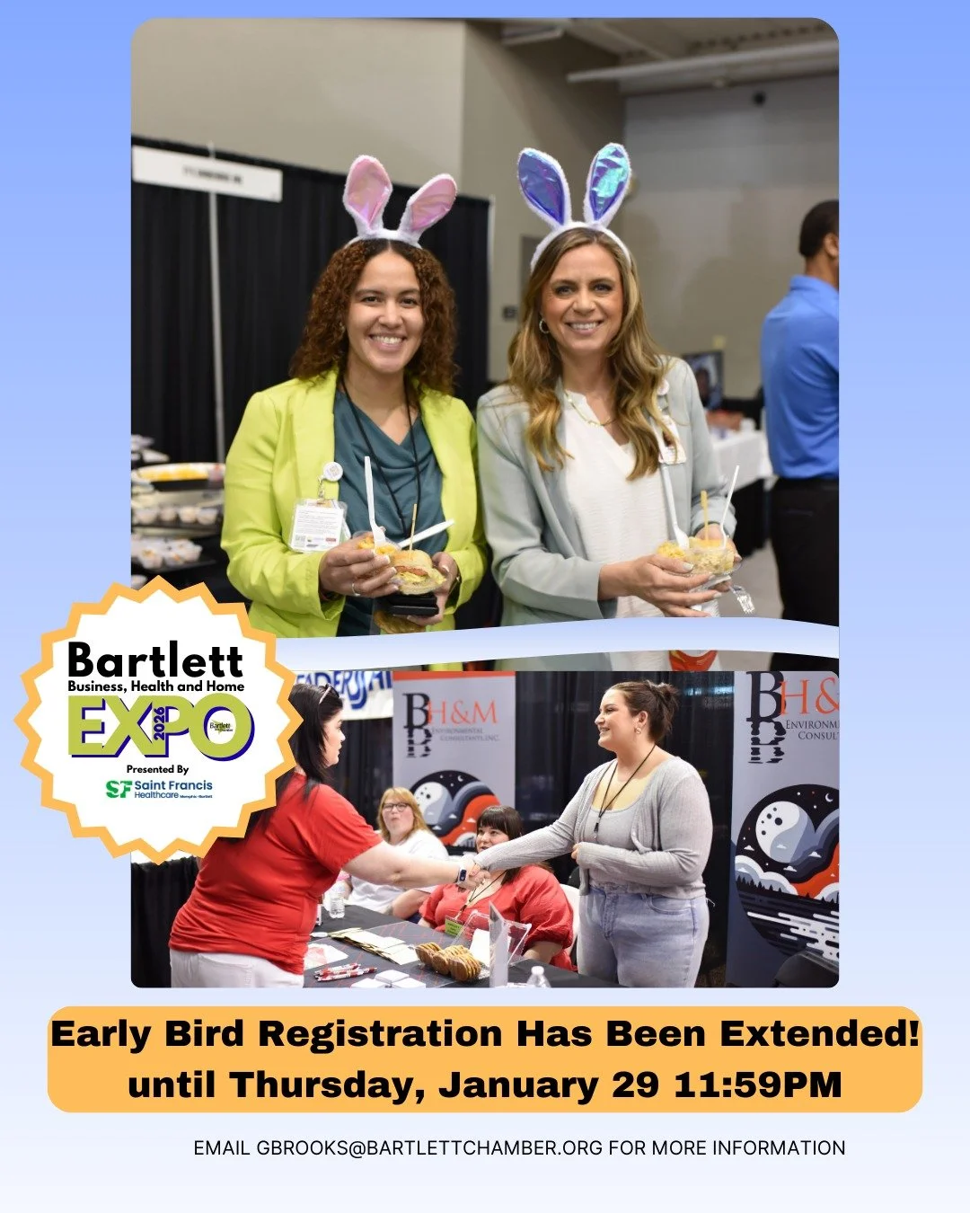 ❄Snow days = bonus time!

Due to incoming winter weather, we&rsquo;ve extended the Early Bird vendor rate for the 2026 Bartlett Business, Health &amp; Home EXPO.

Now through Thursday, January 29 at 11:59 PM &mdash; don&rsquo;t miss the savings!

🎉B
