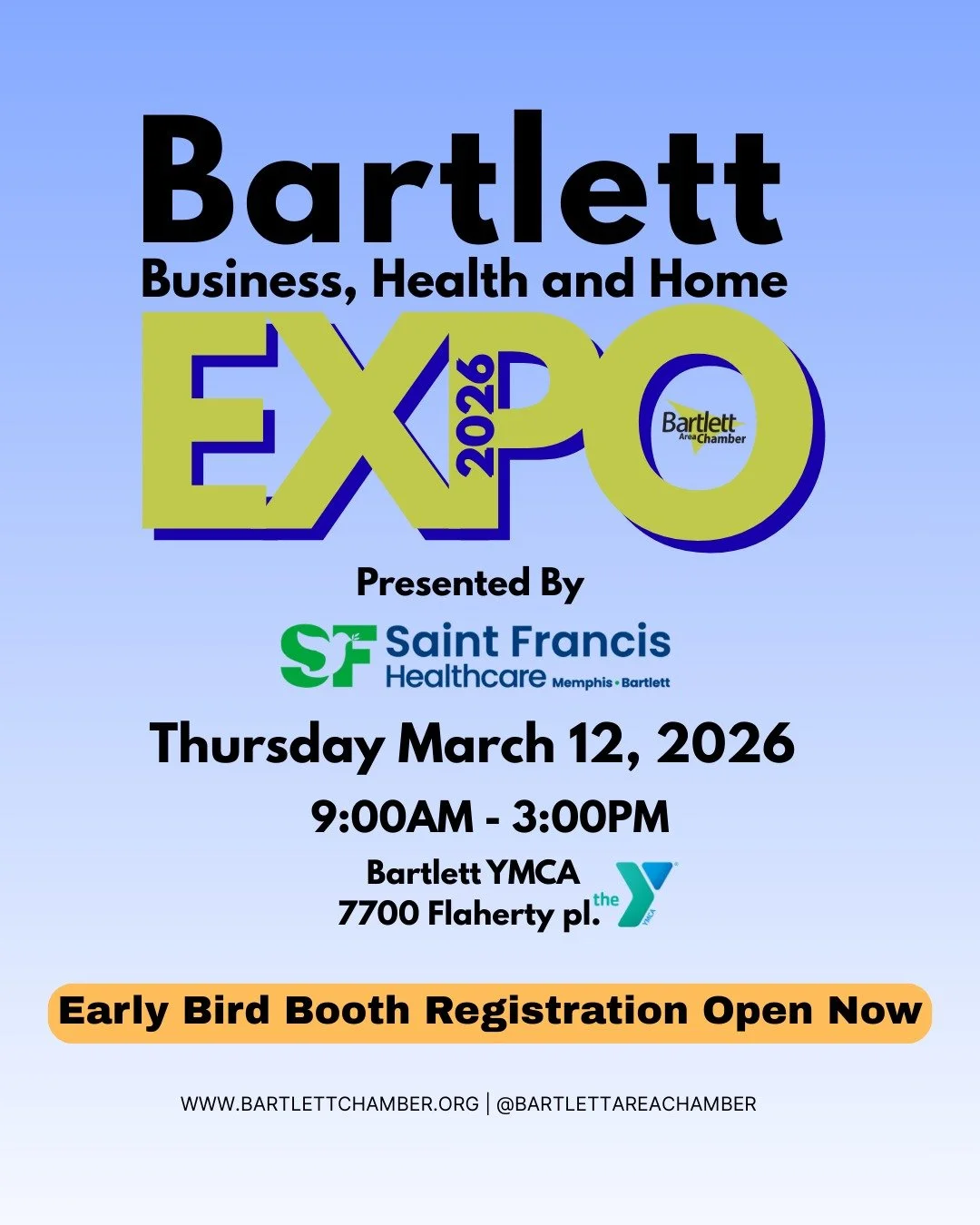 Your Business is begging to be part of this!

The 2026 Bartlett Business, Health &amp; Home EXPO is officially gearing up, and now&rsquo;s your chance to secure your spot!

Take advantage of our Early Bird booth rate now through Thursday, January 29 