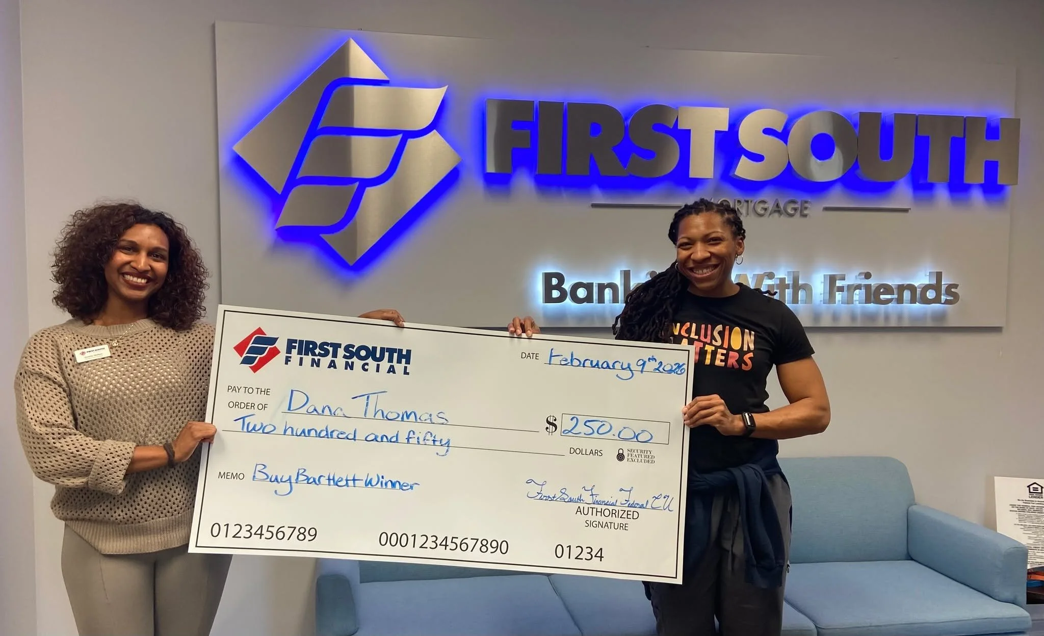Congratulations to the Buy Bartlett winner and Bartlett resident, Dana Thomas, who won $250 just for shopping at a Bartlett Business&mdash;Chef Flavas.  A big thank you to our Sponsor First South!

Remember, if you shop at any Bartlett Business, subm