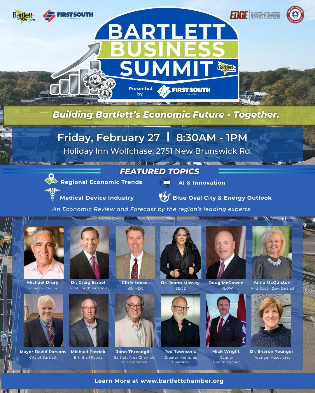 The Bartlett Business Summit has been RESCHEDULED!

Join business and community leaders on February 27 for our half-day Summit exploring Bartlett&rsquo;s role in shaping the future of the region. Hear from leading experts, connect with peers, and be 