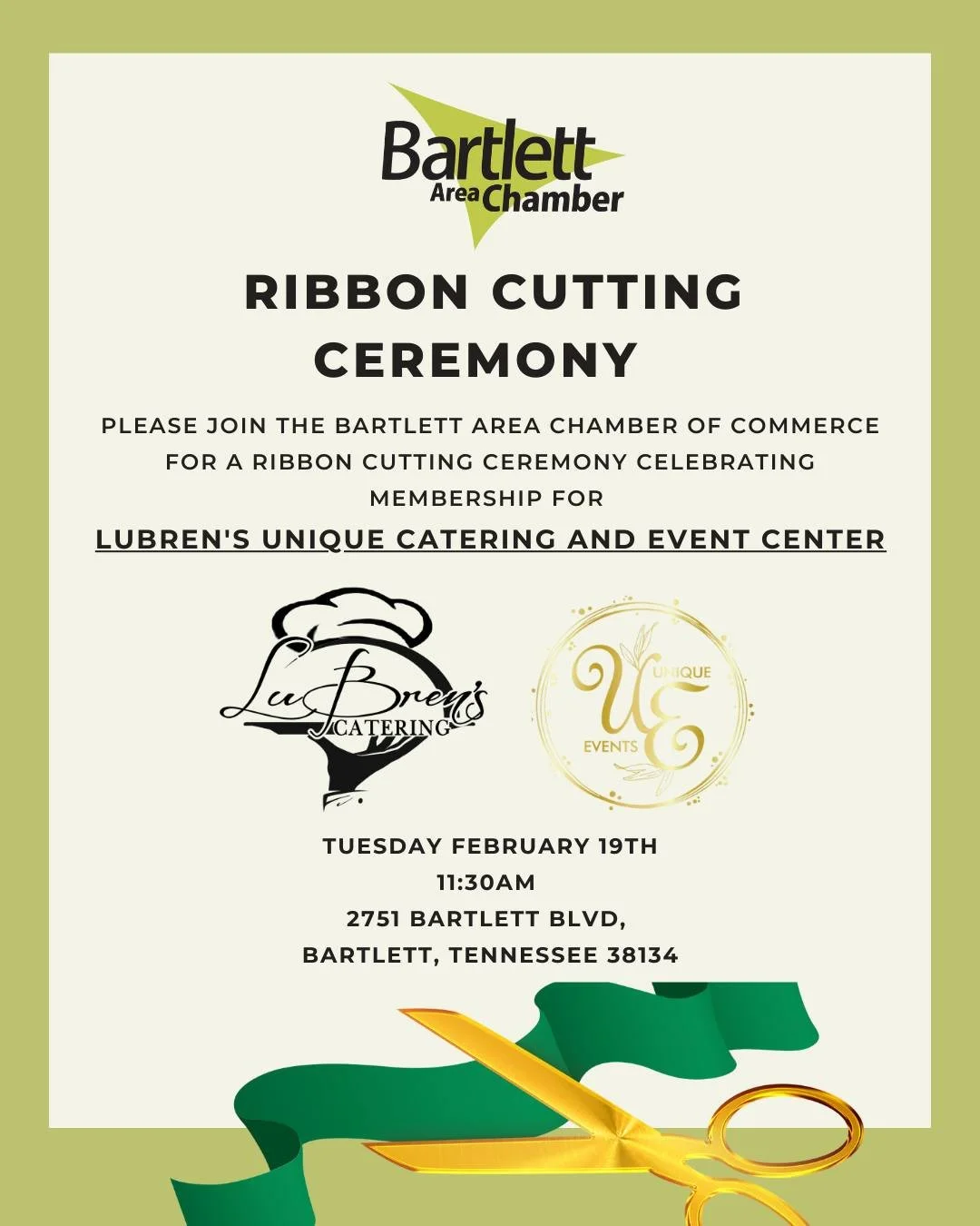 Looking for a reason to get out, support local, and make new connections? Join us in welcoming LuBren's Catering ! ✂️🎉

Thursday, February 19 at 11:30am
2751 Bartlett Blvd.
Bartlett, TN 38134