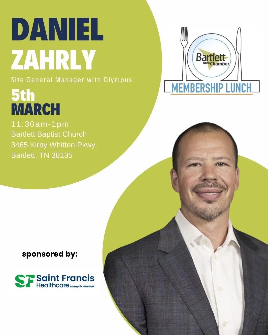 Our next Membership Luncheon is Thursday, March 5 at Bartlett Baptist Church. Thank you Saint Francis Hospital Bartlett for sponsoring this event. Please see the attached flyer for information about our speaker and don't forget to register here: http