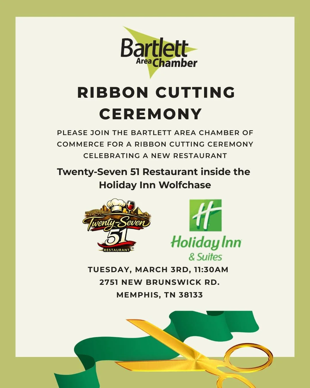 Looking for a reason to get out, support local, and make new connections?  Join us in welcoming Twenty-Seven 51 Restaurant inside the Holiday Inn Wolfchase!

2751 New Brunswick Rd.
Memphis, TN 38133